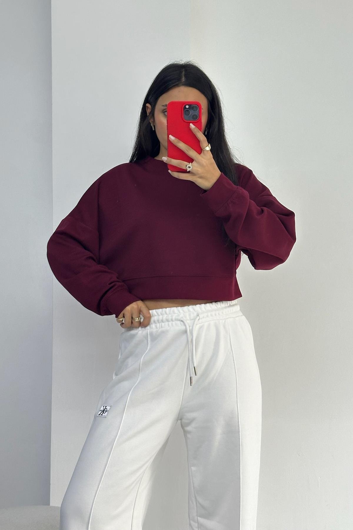 Logolu Crop Model Bordo Sweatshirt