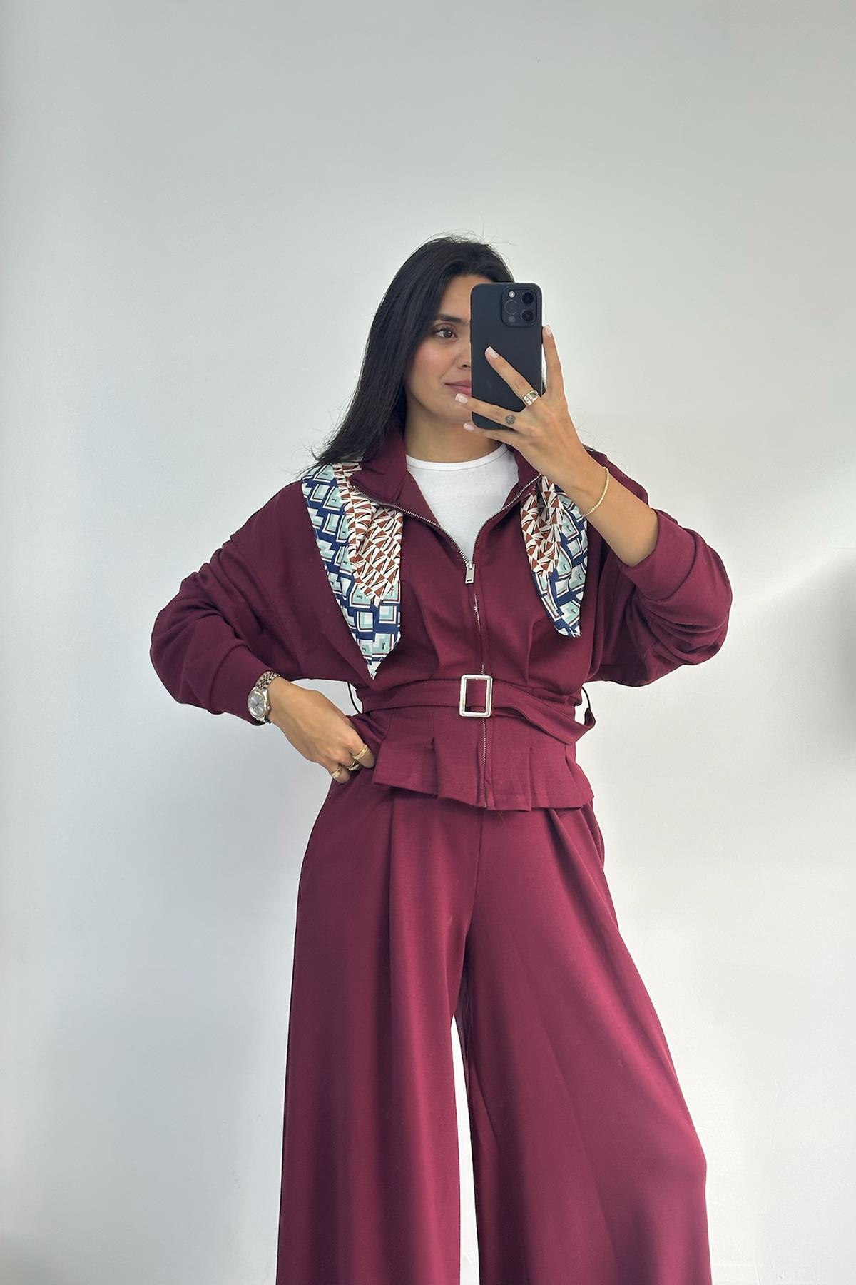 Fermuarlı Kemerli Bordo Modal Takım