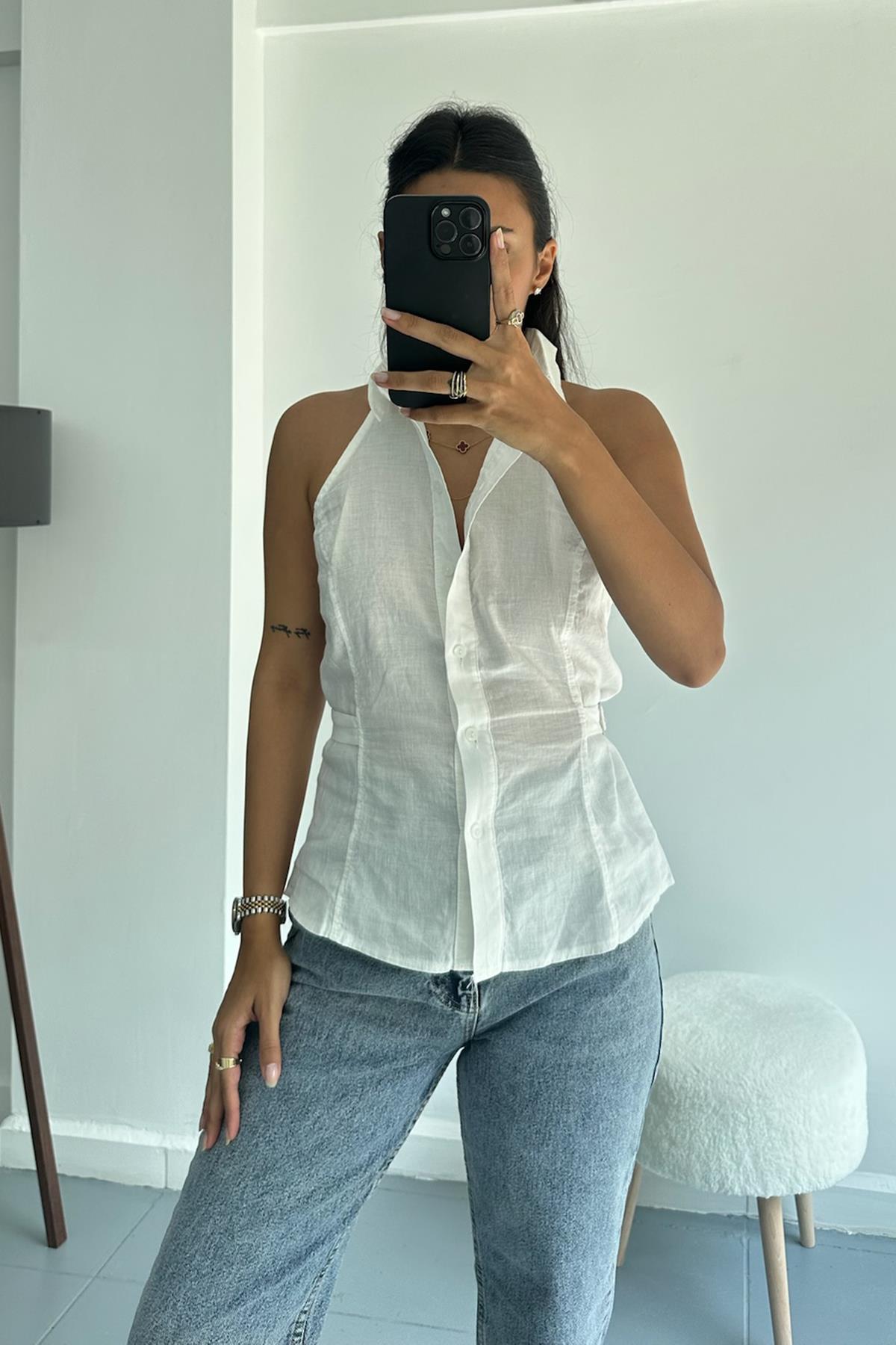 Ekru Kolsuz Kemerli Gömlek