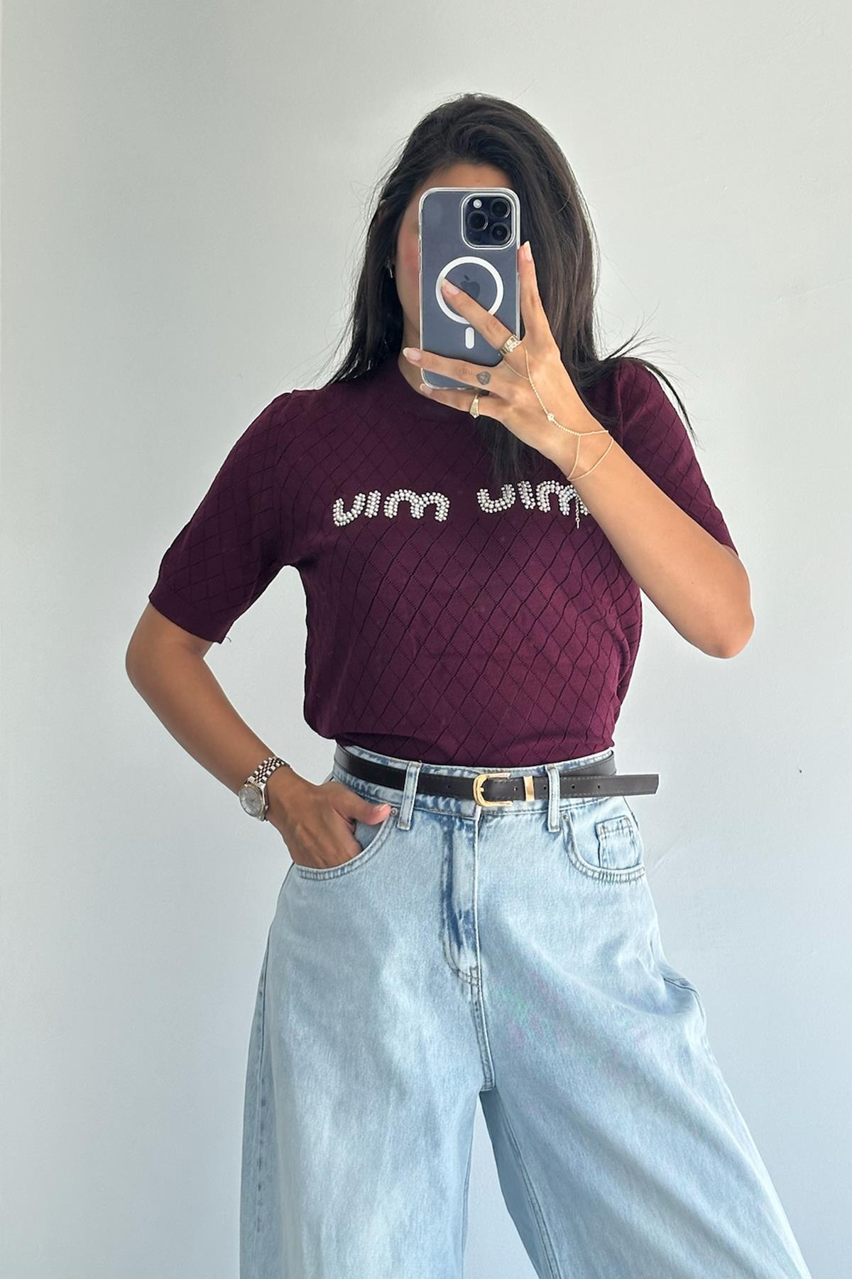 Boncuk Detaylı Kısa Kollu Bordo Triko Bluz 