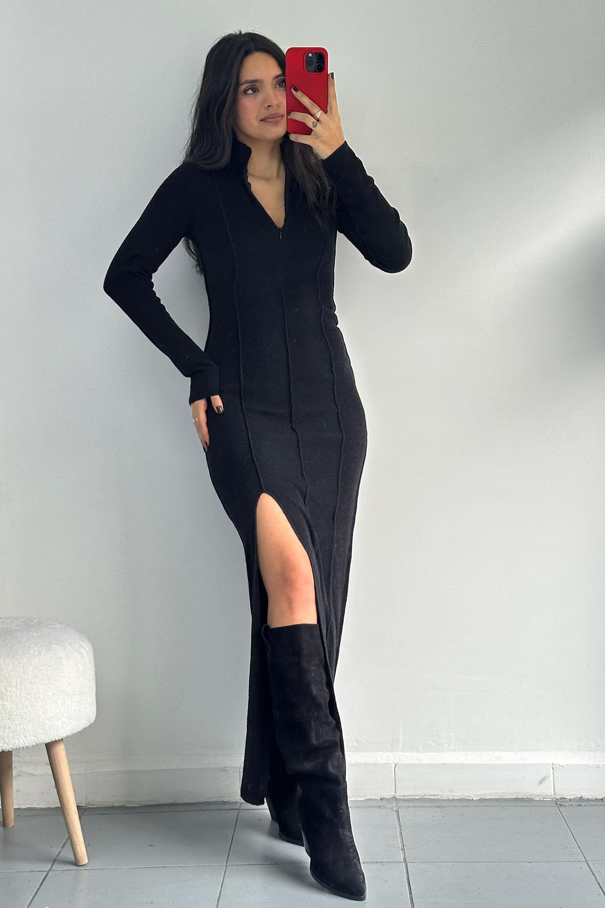 Dik Yaka Fermuarlı Vücuda Oturan Yırtmaçlı Siyah Uzun Elbise 
