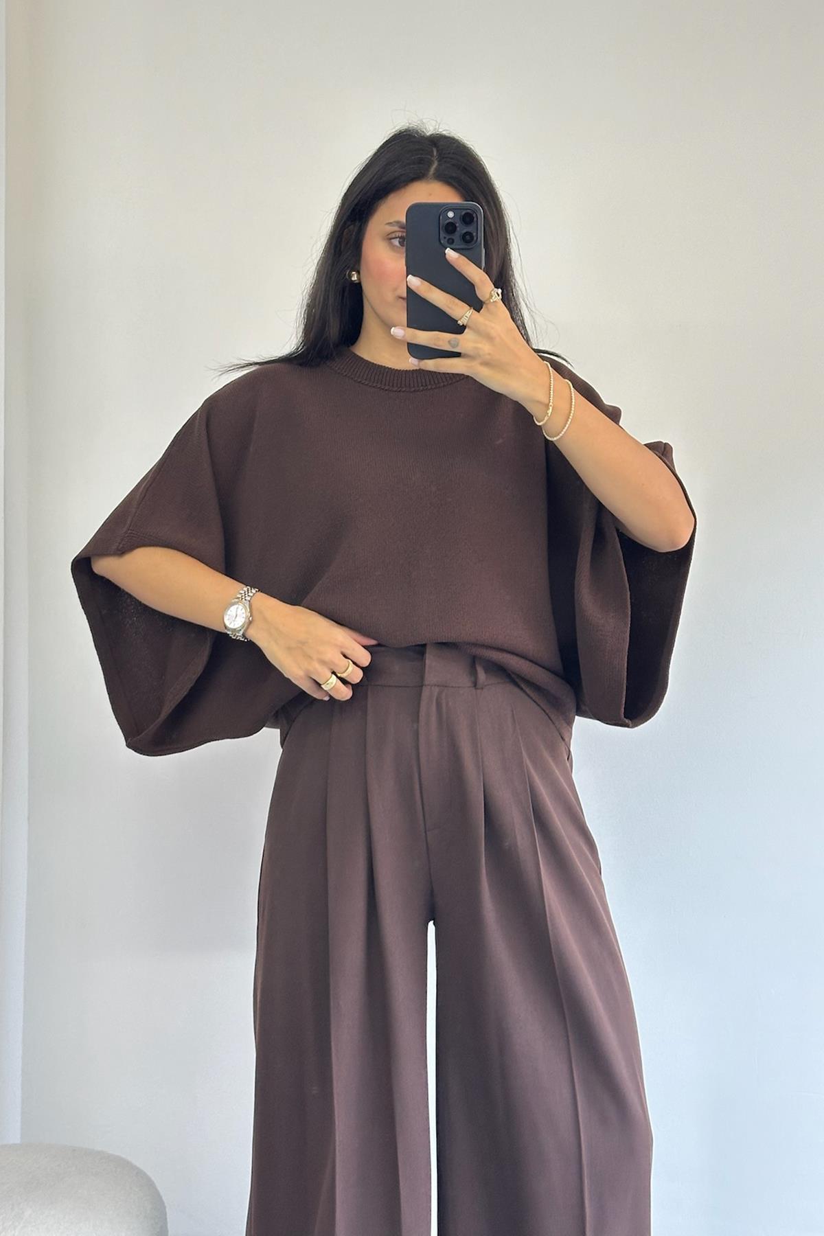 Bisiklet Yaka Yarasa Kol Kahve Triko Kazak 