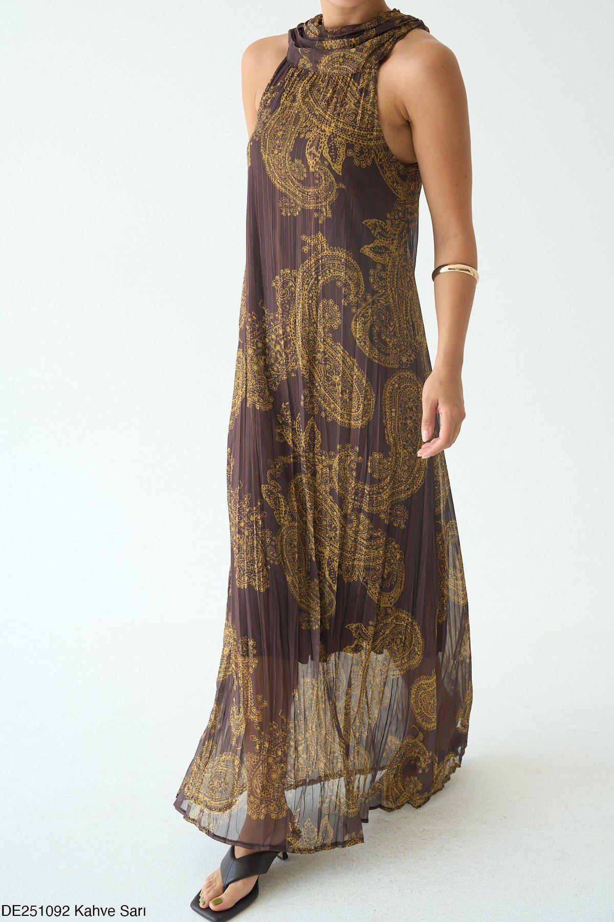 Sarı-Kahve Şal Desenli Halter Elbise