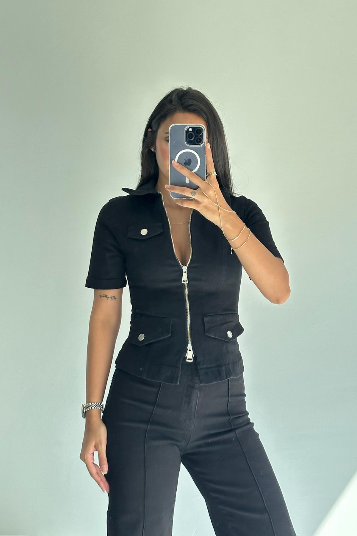 Fermuar Detay Siyah Kot Ceket 