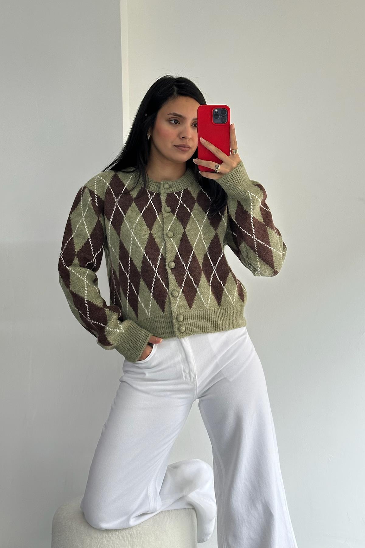 Baklava Desen Yeşil Kahve Kahve Hırka