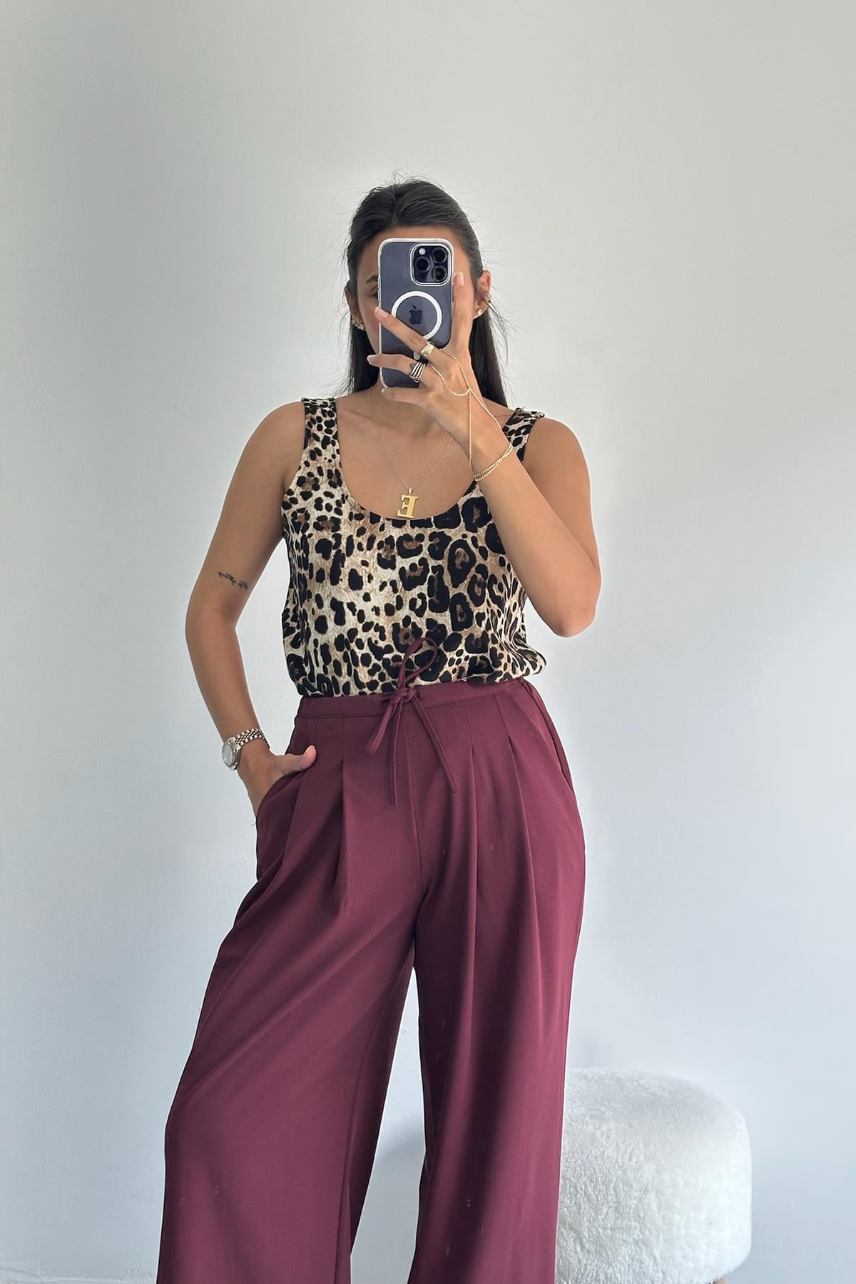 Leopar Desen V Yaka Bluz