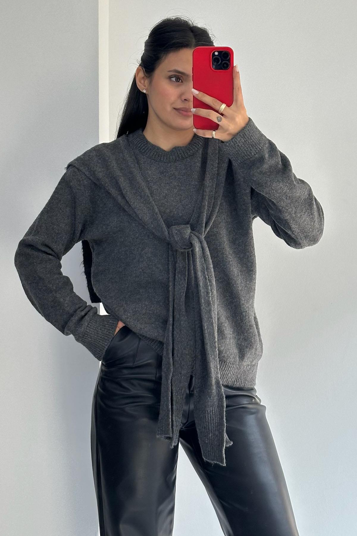 Bağlamalı Triko Antrasit Kazak