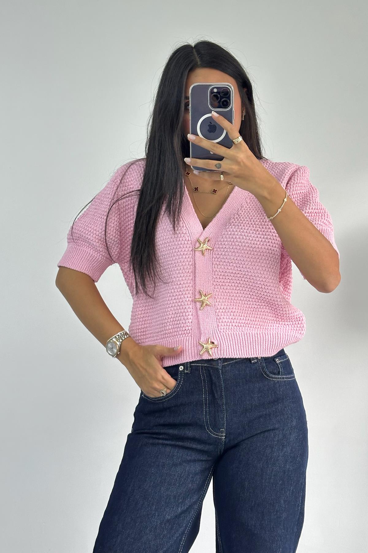 Gold Deniz Yıldızı Düğmeli Pembe Hırka