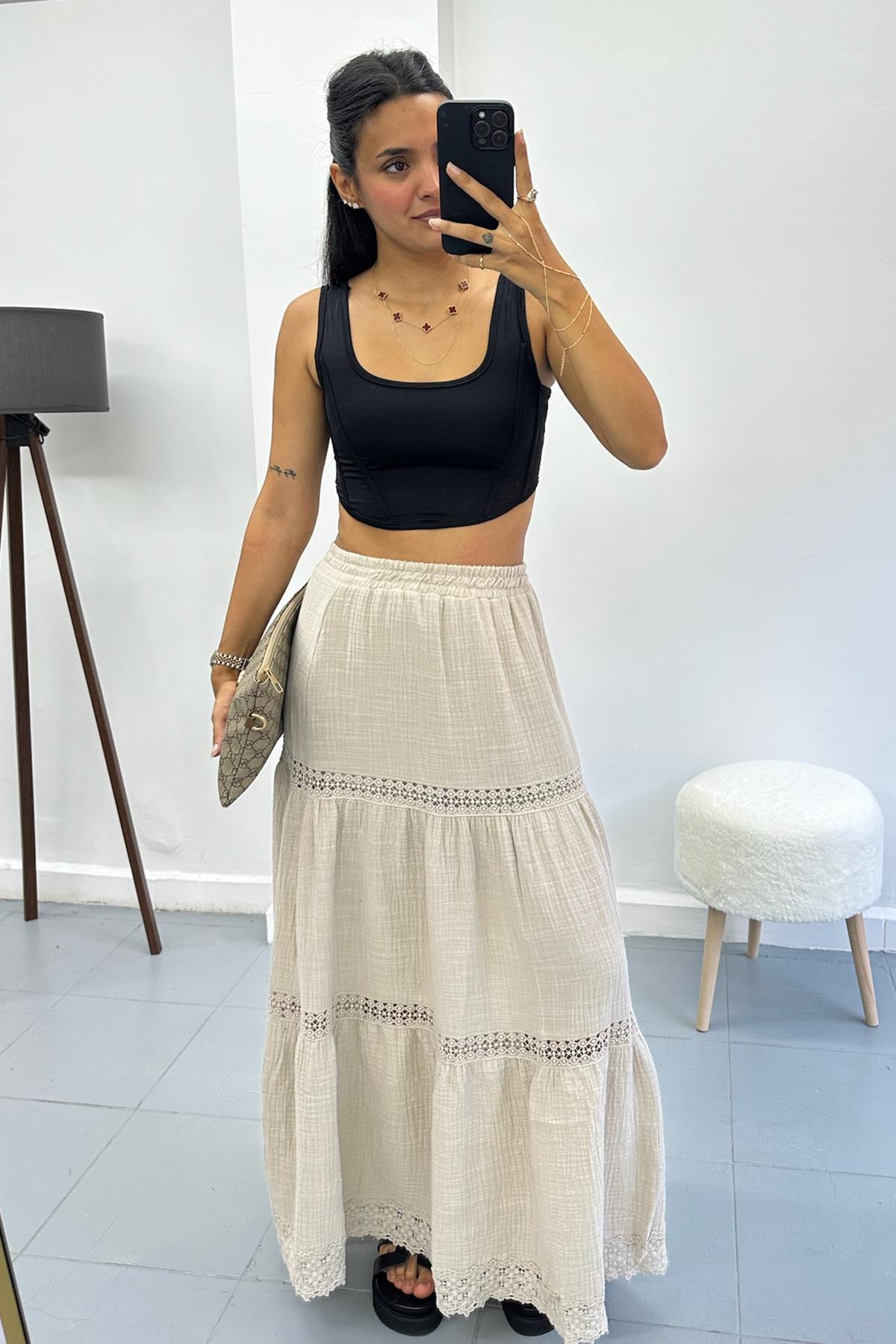 Güpür Detaylı Keten Müslin Taş Etek