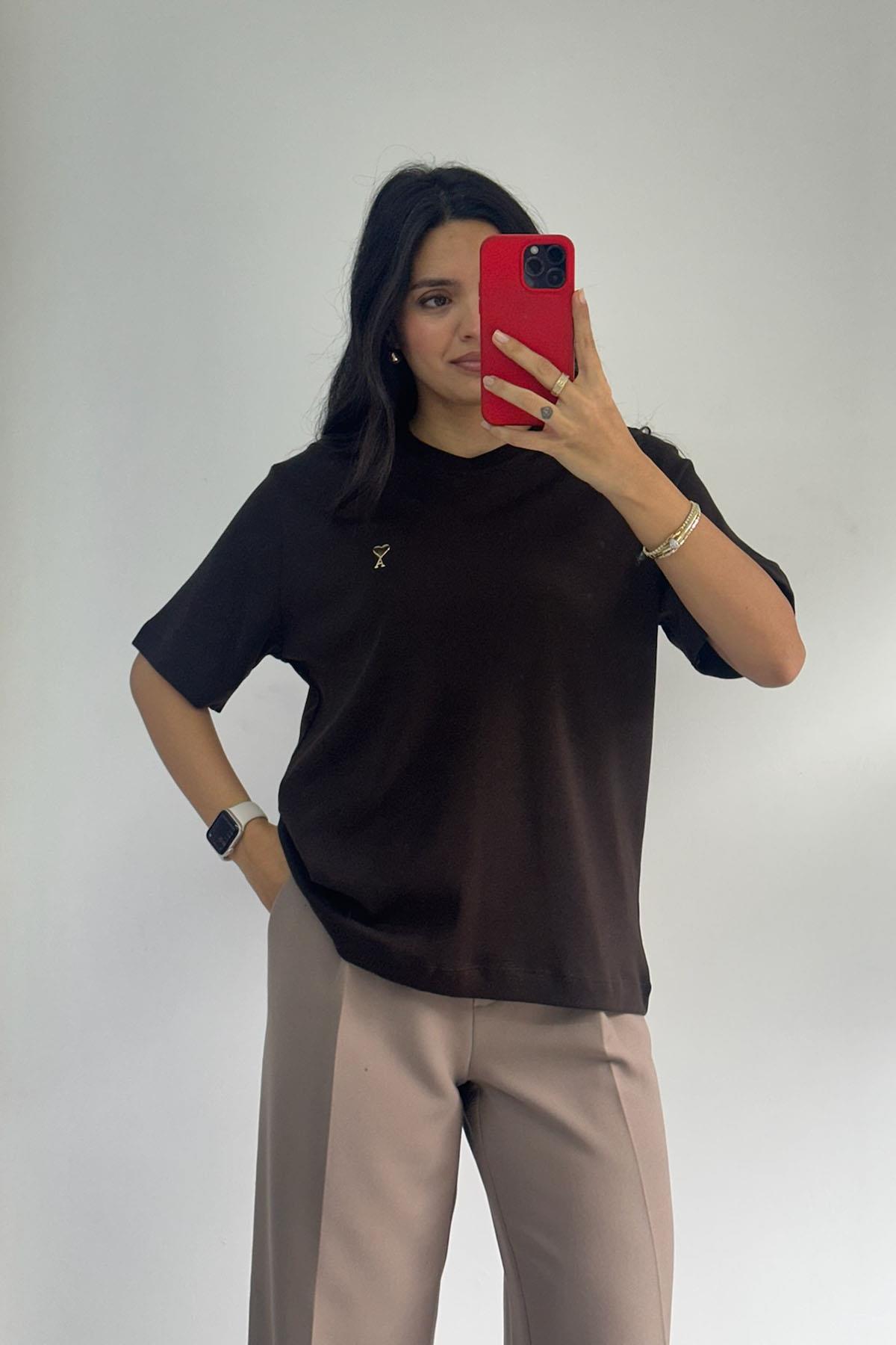 Gold Metal Logolu Kahve Basic Tshirt