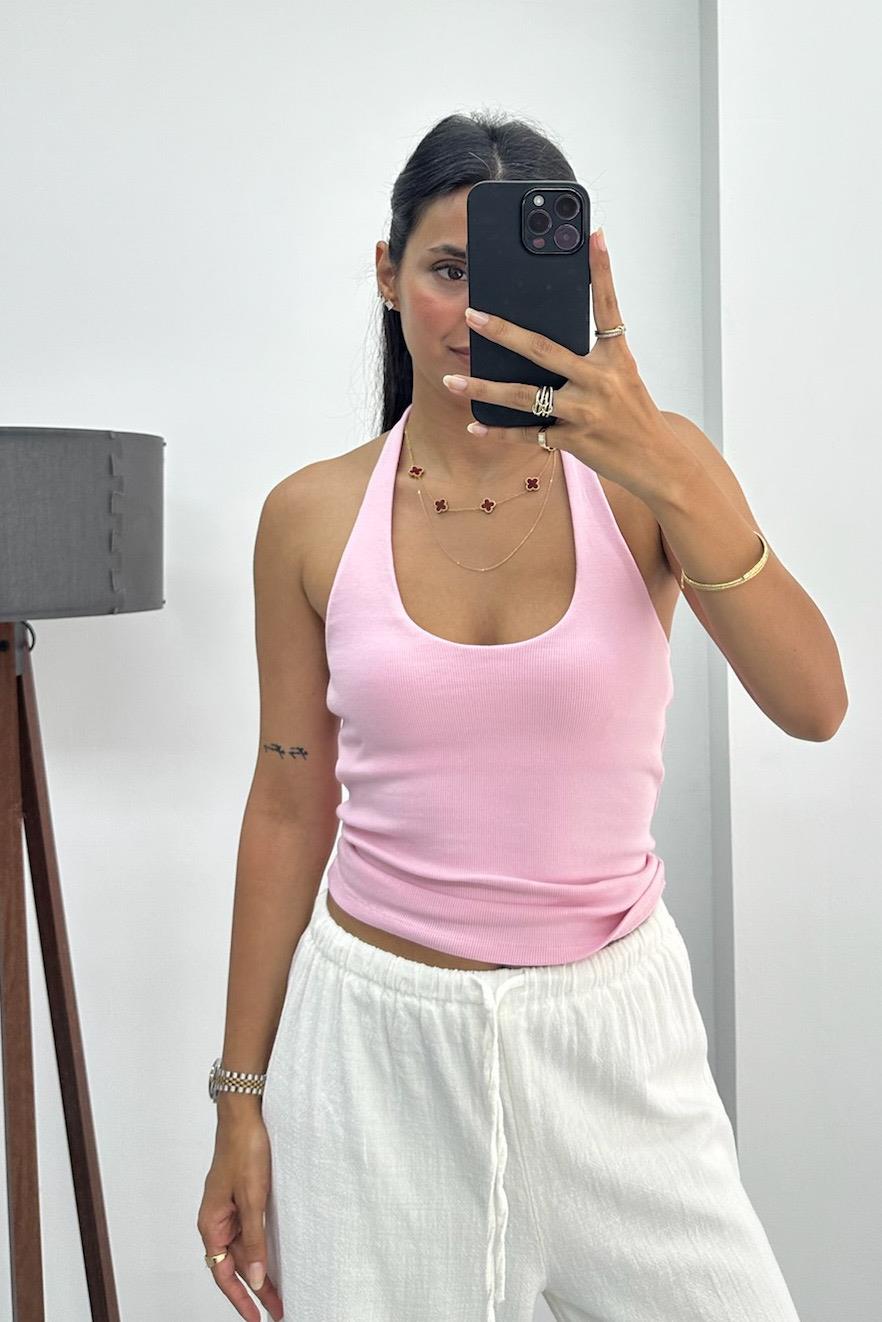 Halter Yaka Boyundan Bağlamalı Pembe Top