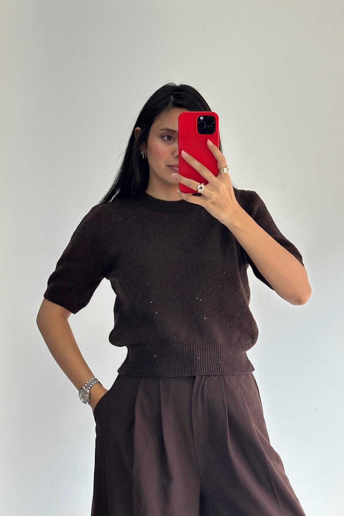 Bisiklet Yaka Simli Pullu Kahve Triko Kazak