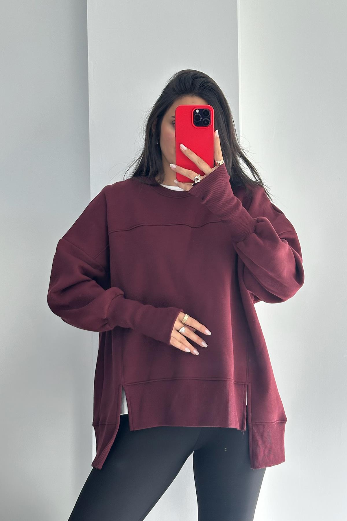 Asimetrik Bordo Basic Sweatshirt
