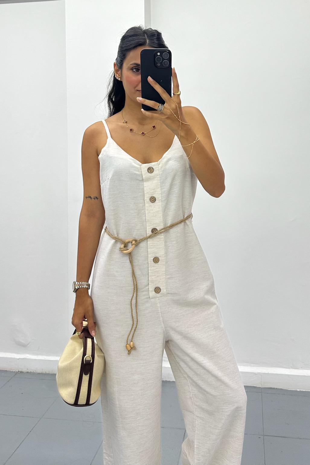 Askılı Düğmeli Bej Tulum 