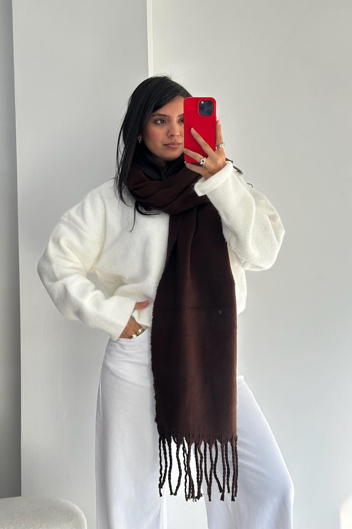 Püsküllü Kahverengi  Atkı