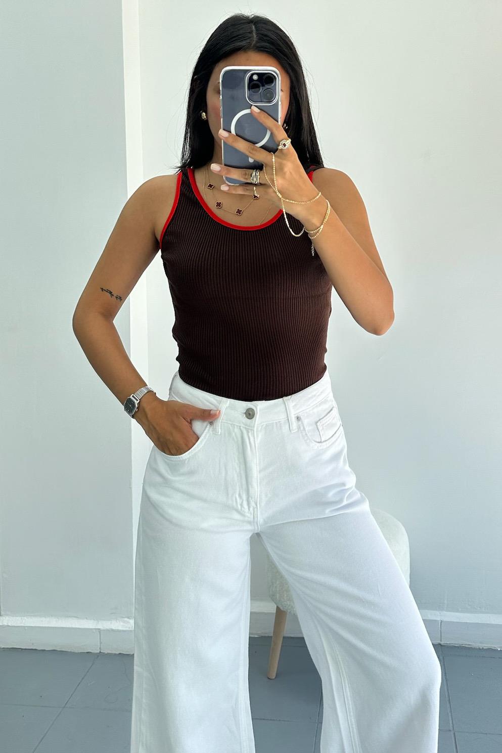 Kalın Askılı Fitilli Kontrast İnce Kahve Triko Bluz