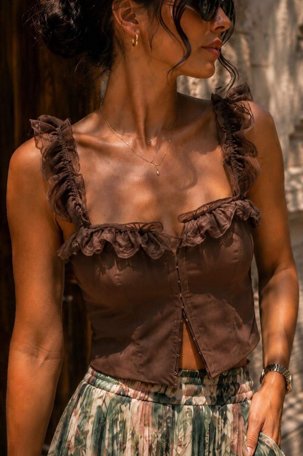 Askılı Dantelli Kahve Crop