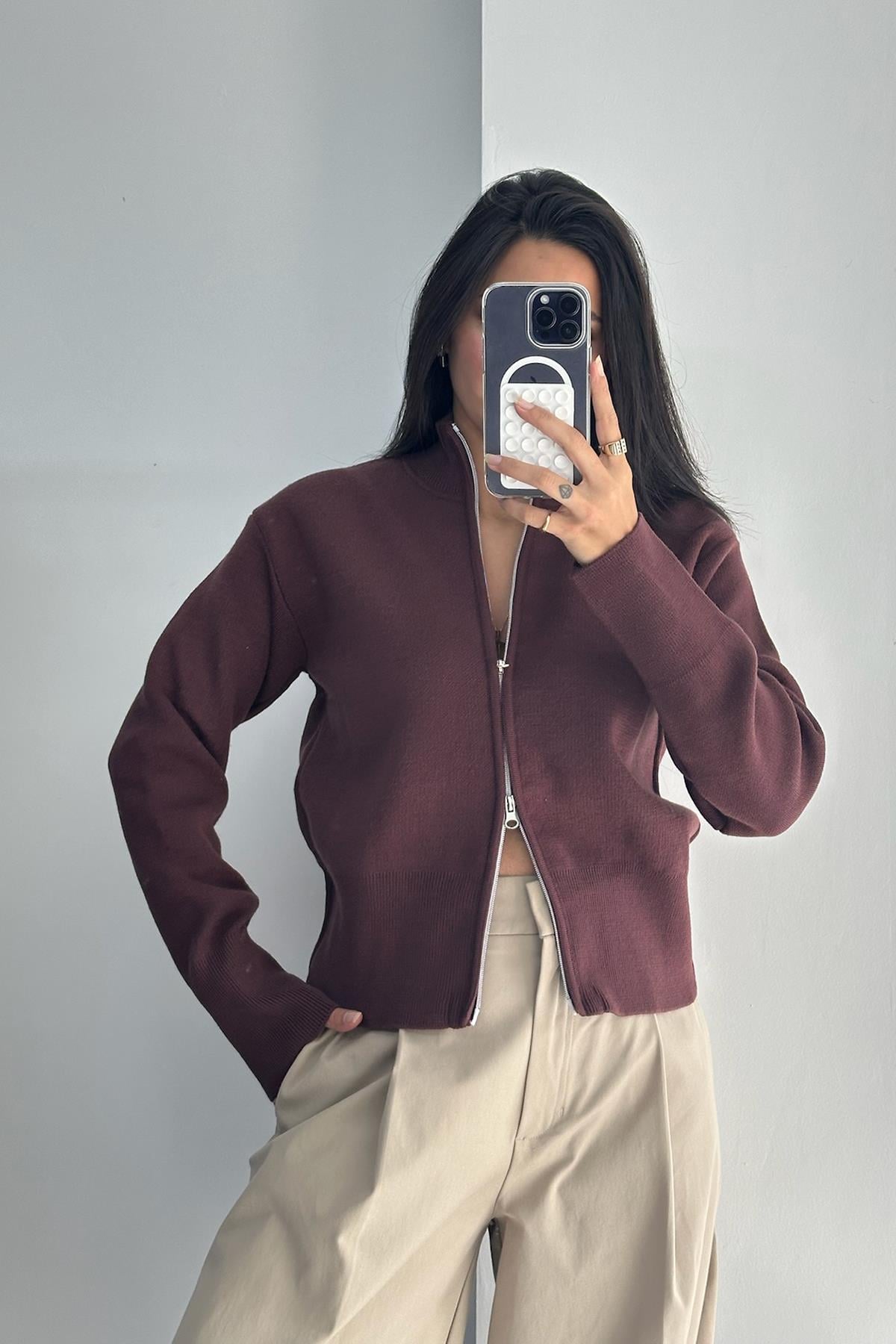 Çift Fermuarlı Bordo Triko Hırka