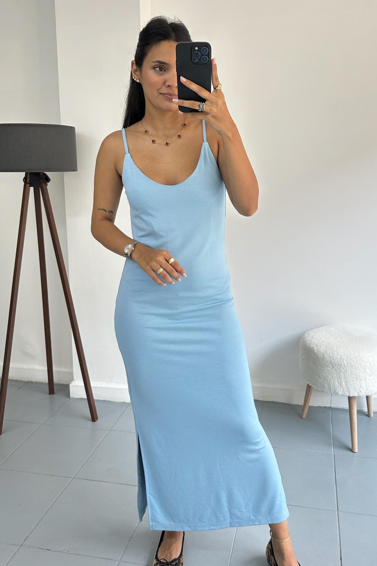 Modal Basic Mavi Yırtmaçlı Elbise