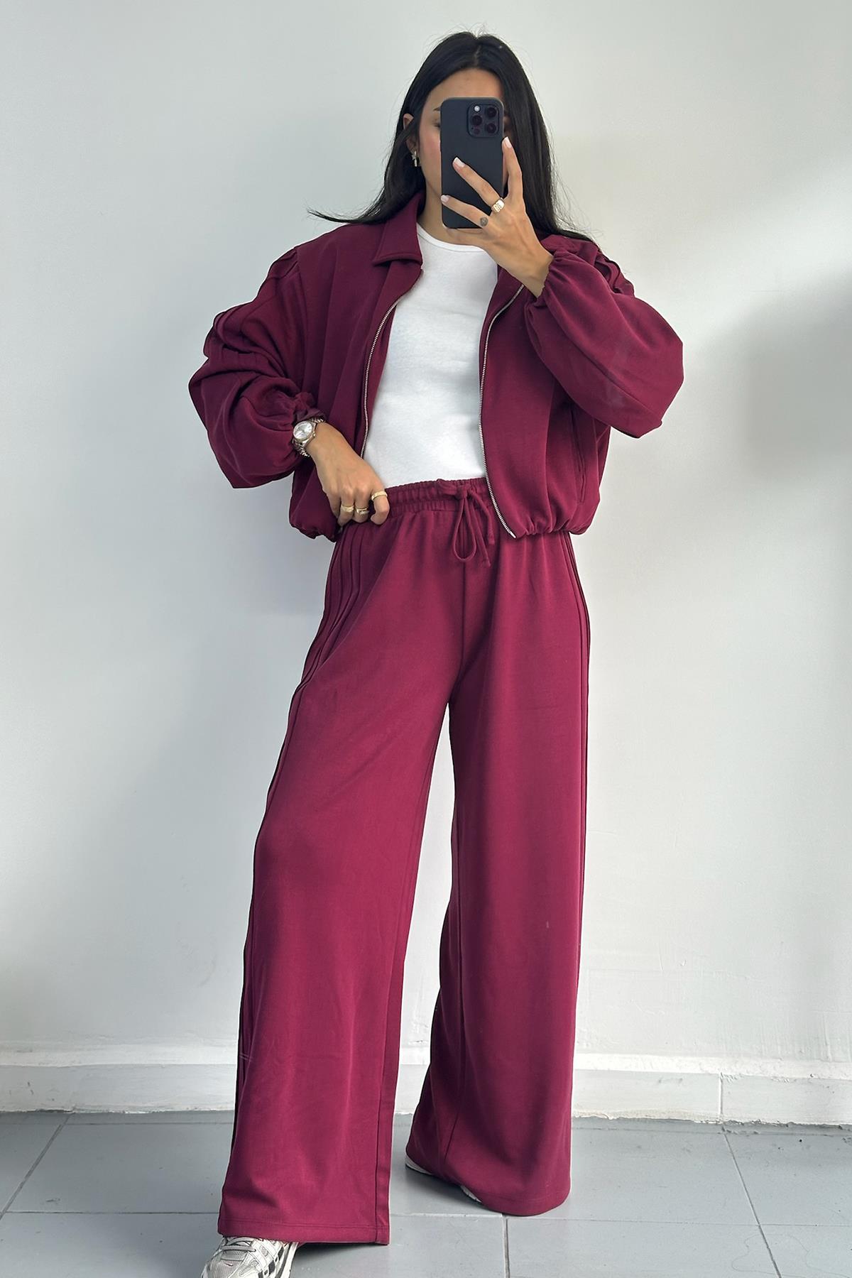 Fermuarlı Örme Bordo Ceket Takım