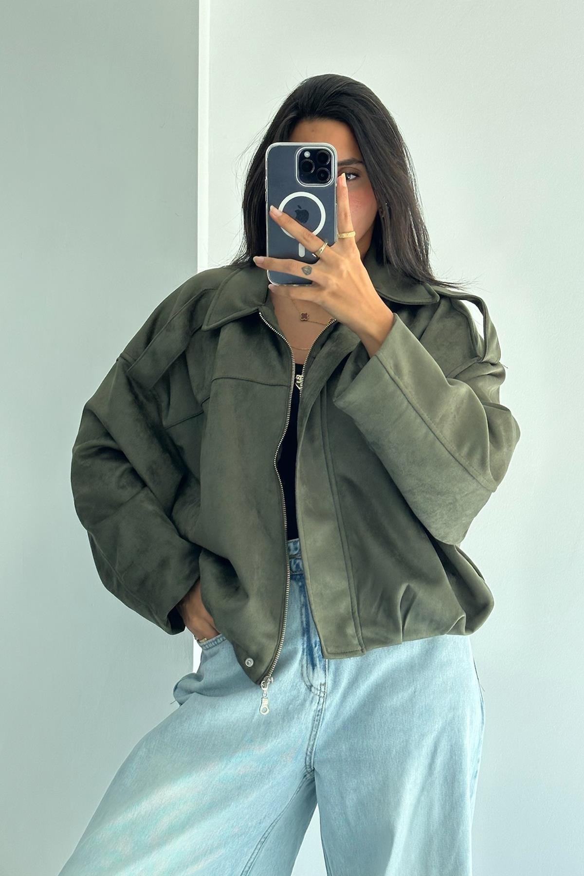 Süet Haki Bomber Ceket