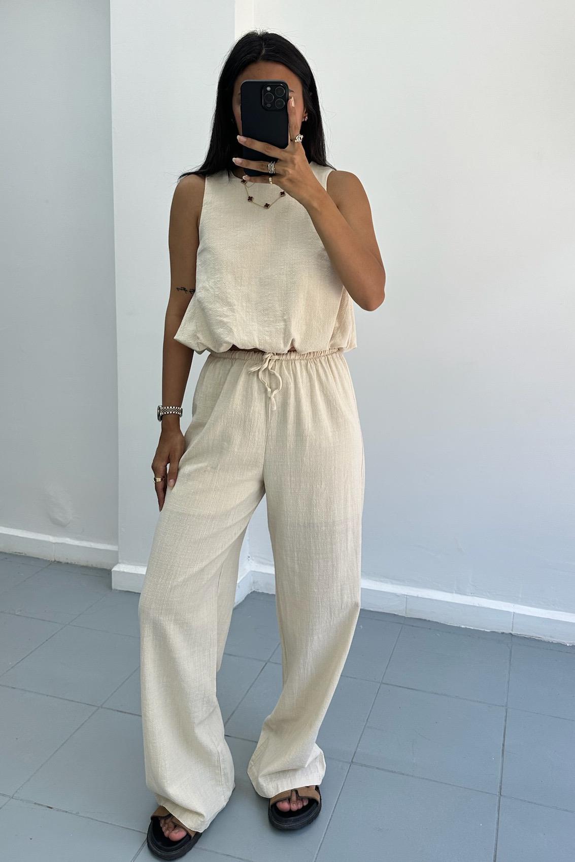 Keten Pantolonlu Natural Takım
