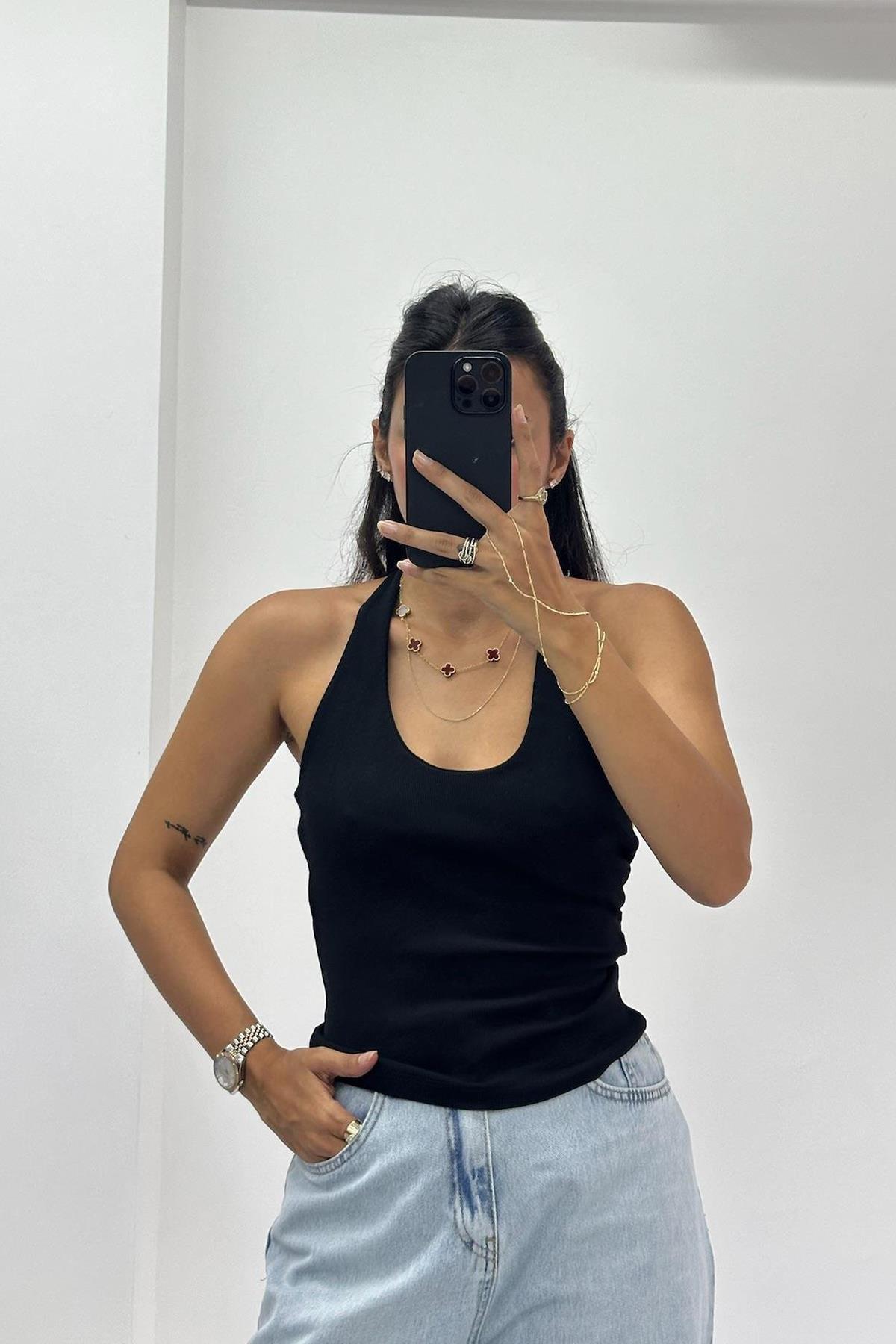 Halter Yaka Boyundan Bağlamalı Siyah Top