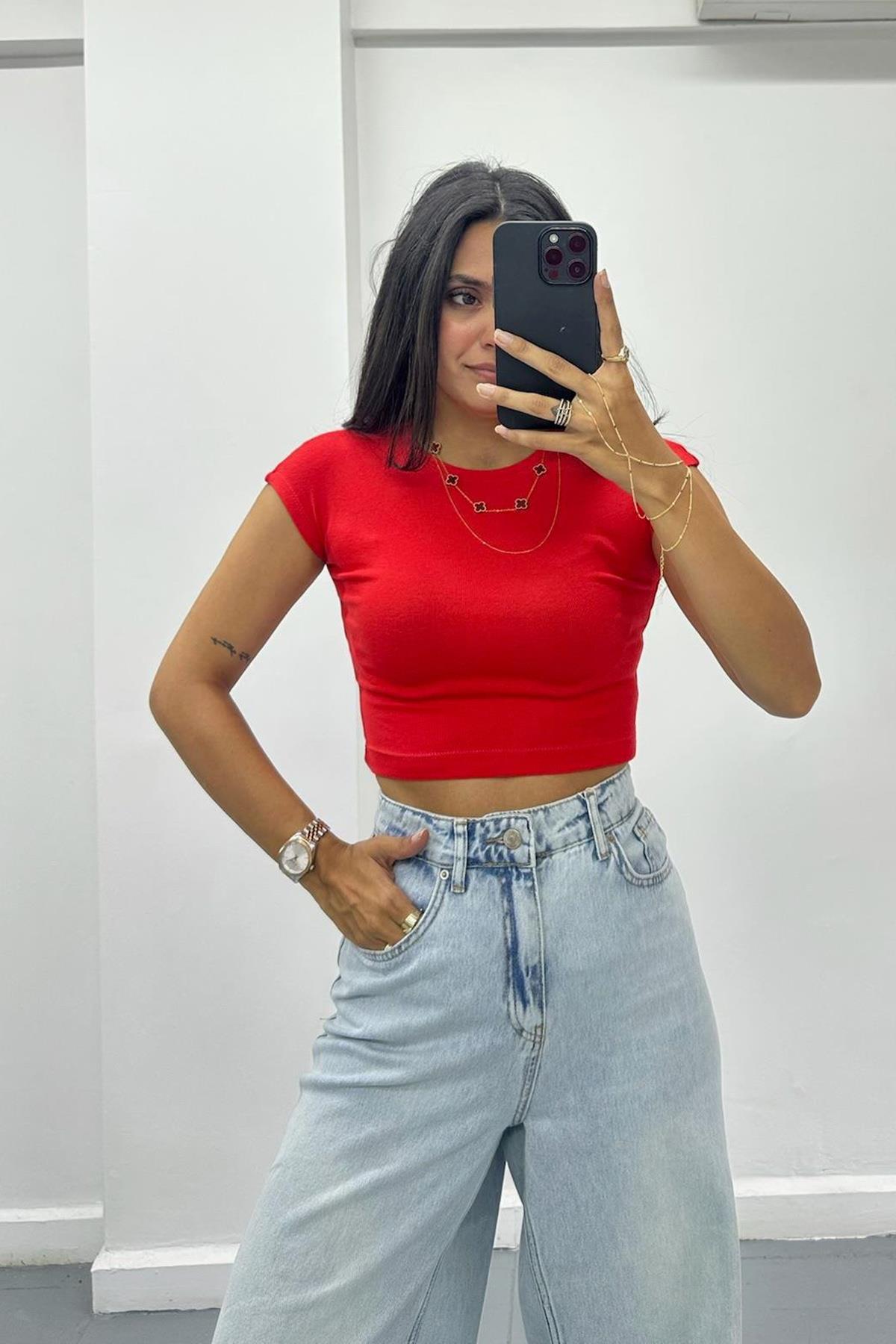 Pamuk Modal Karışımı Kırmızı Basic Crop