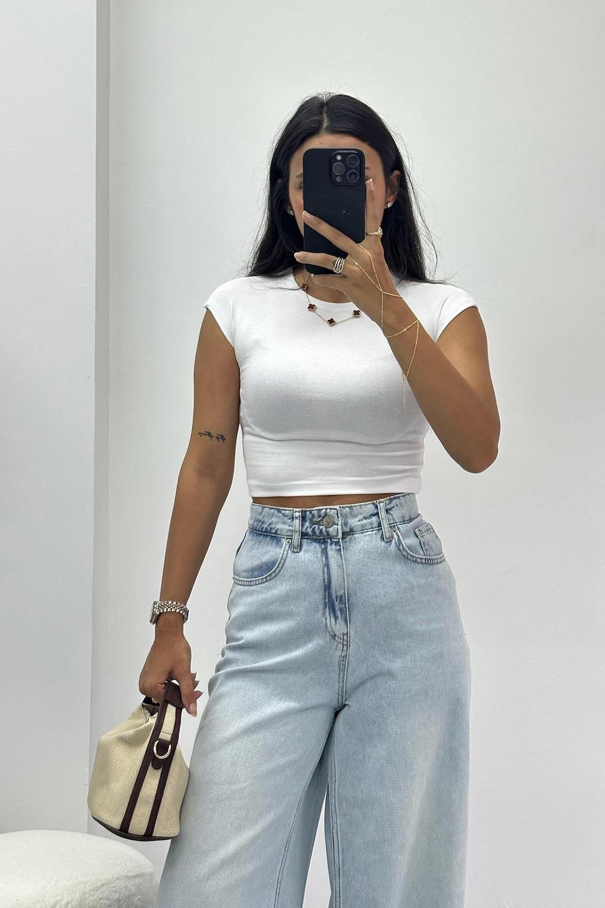 Pamuk Modal Karışımı Beyaz Basic Crop