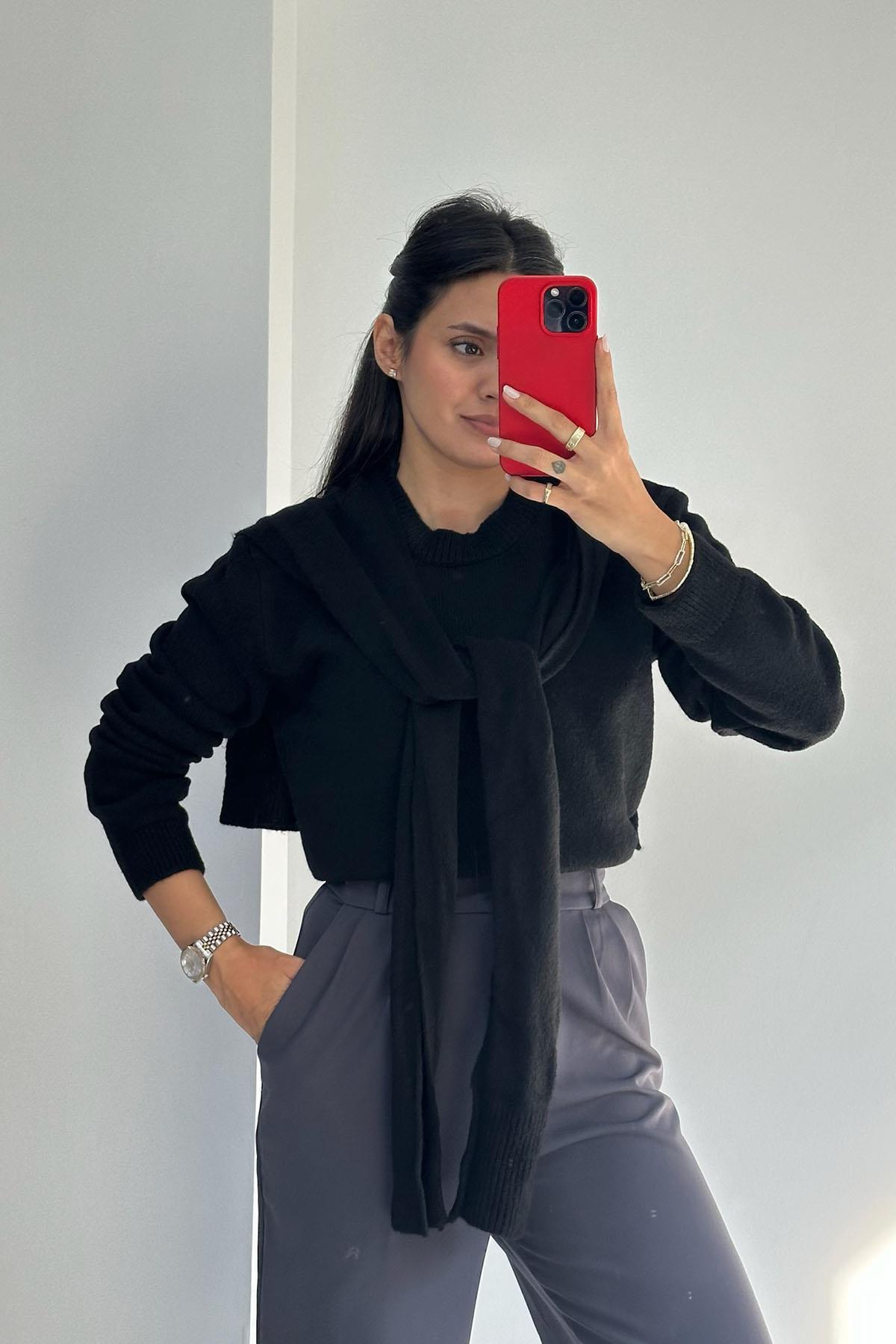 Bağlamalı Triko Siyah Kazak