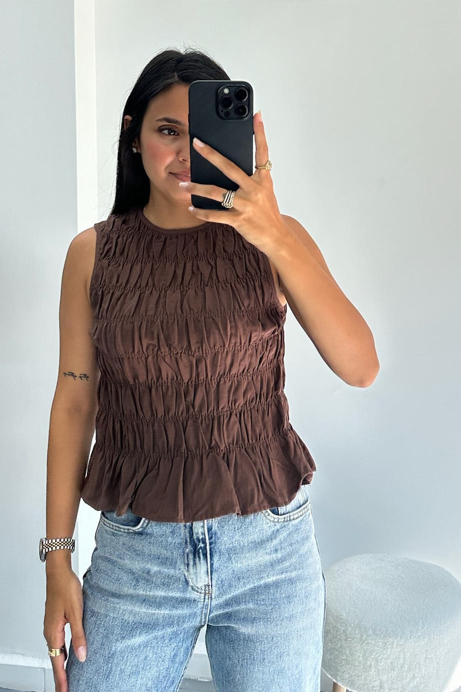 Kolsuz Crop Kahverengi Bluz