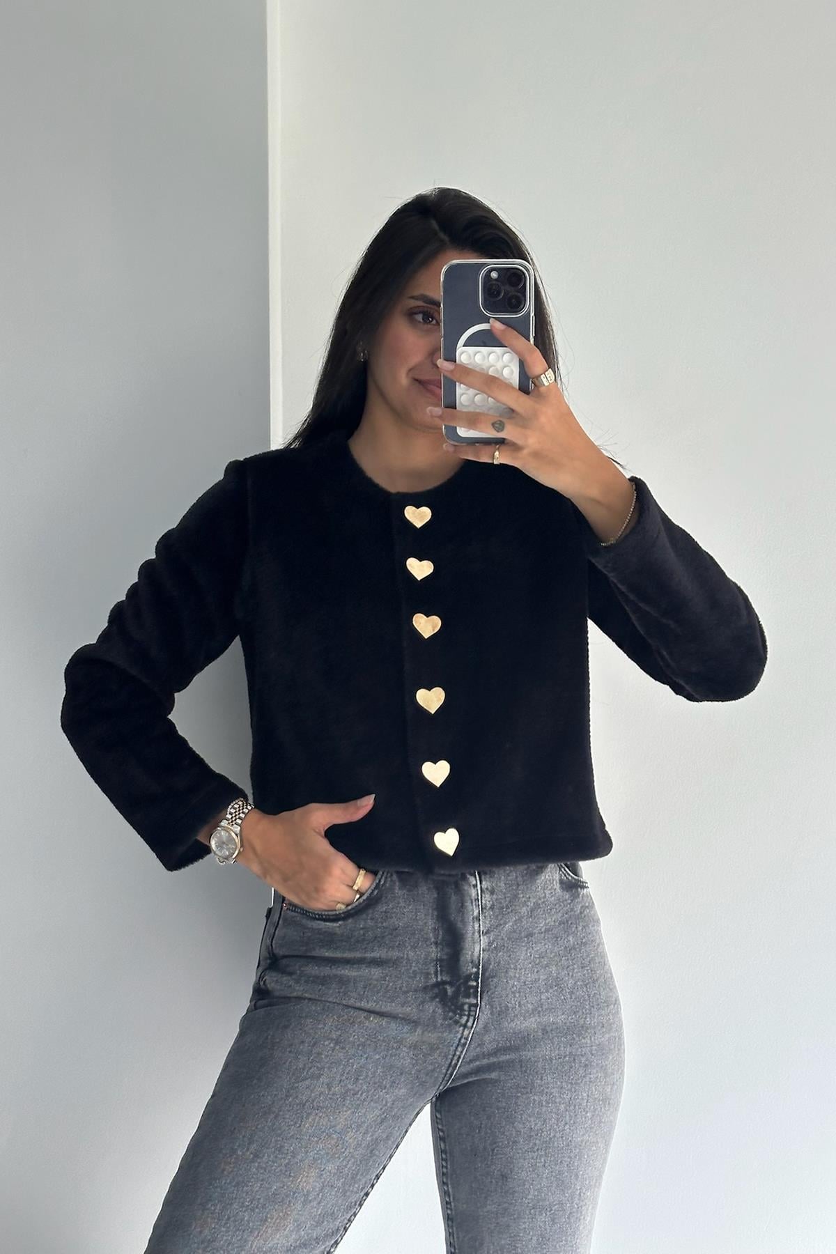 Kalp Düğmeli Siyah Hırka 