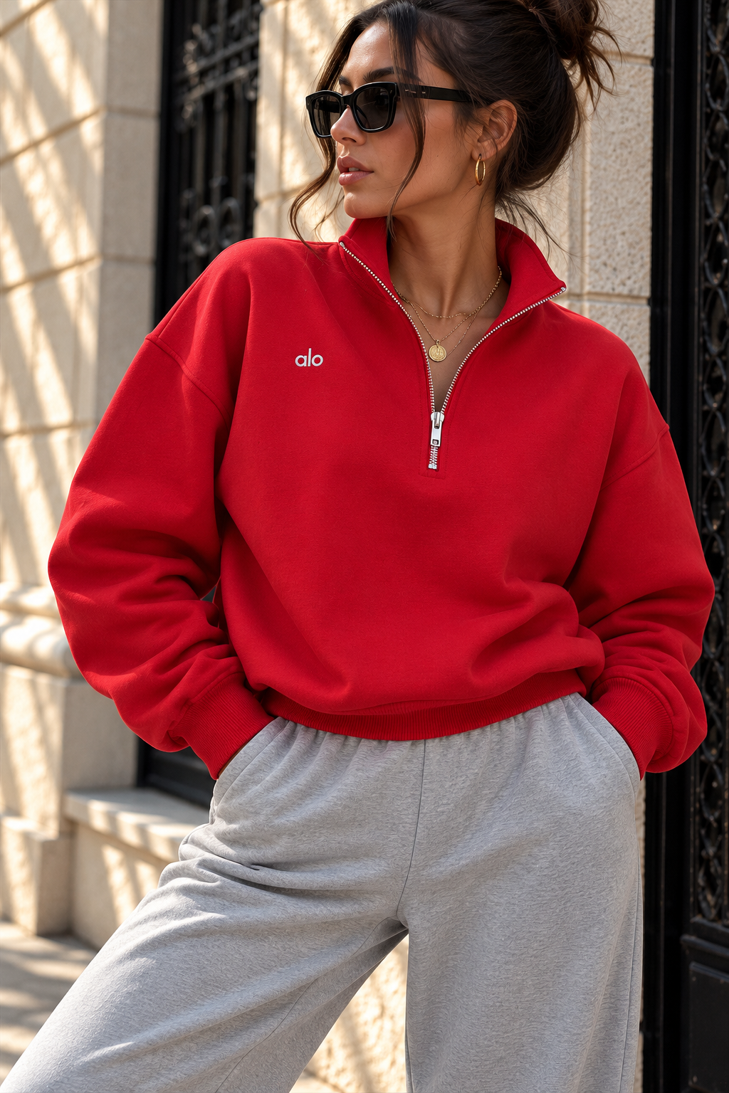 Yarım Fermuarlı Logolu Kırmızı Sweatshirt