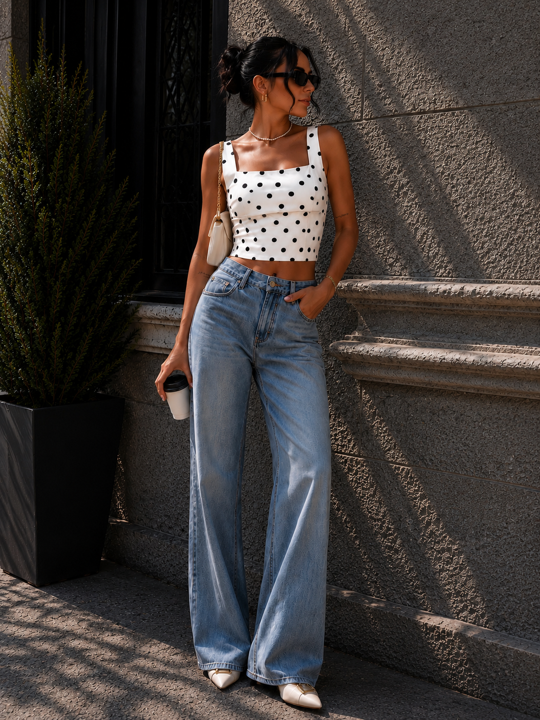 Puantiyeli Ekru Crop Bluz