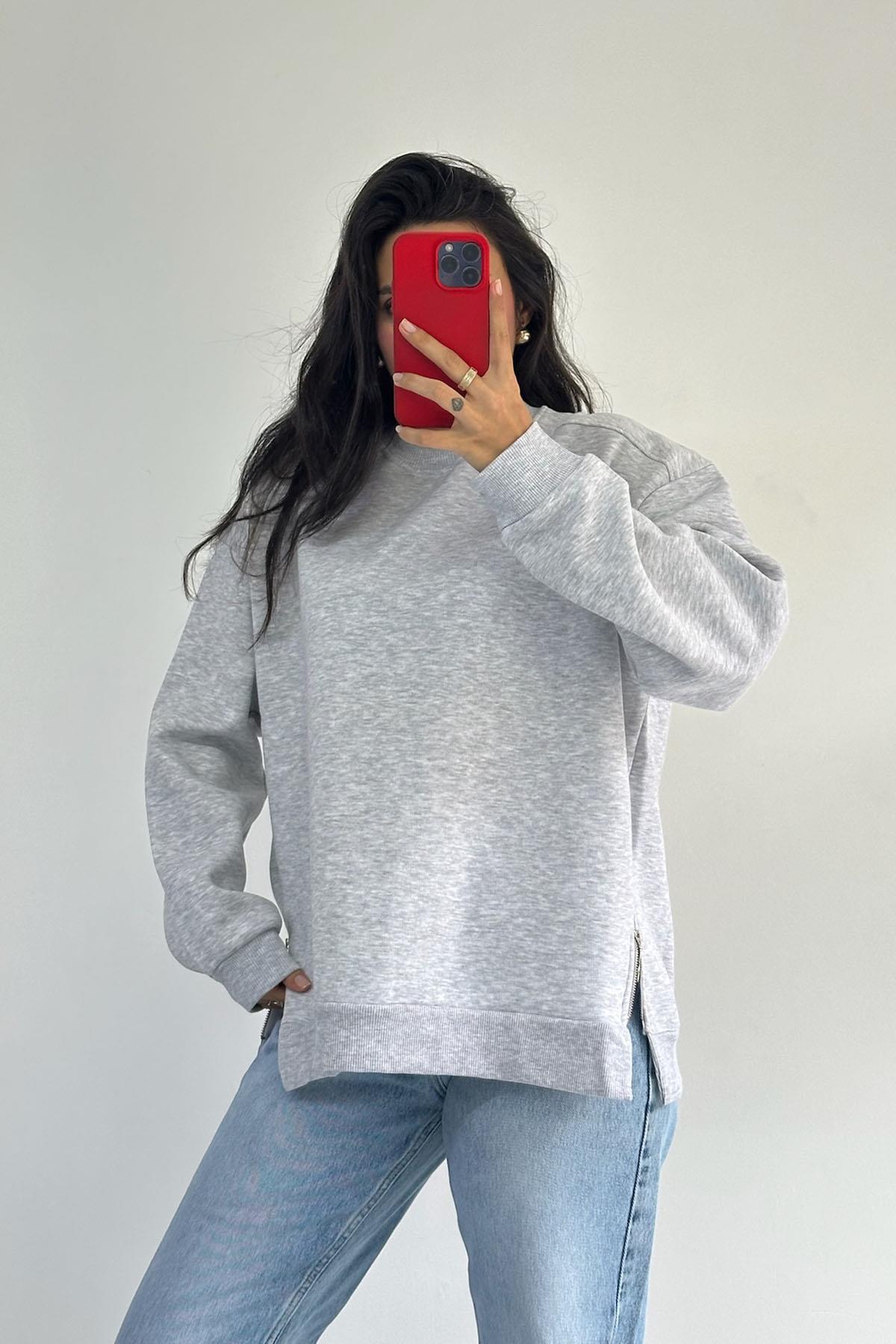 Yanları Fermuarlı Gri Sweatshirt