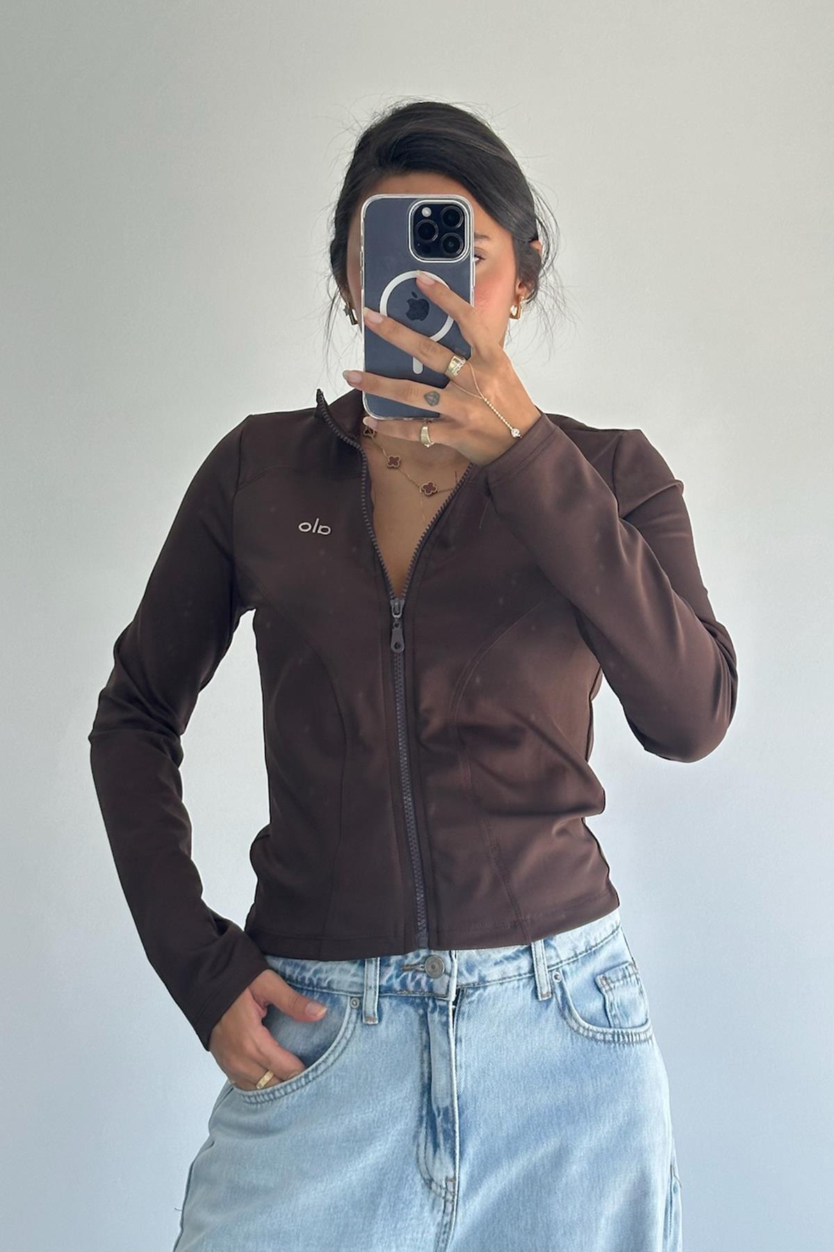 Logo Baskılı Fermuarlı Kahverengi Ceket