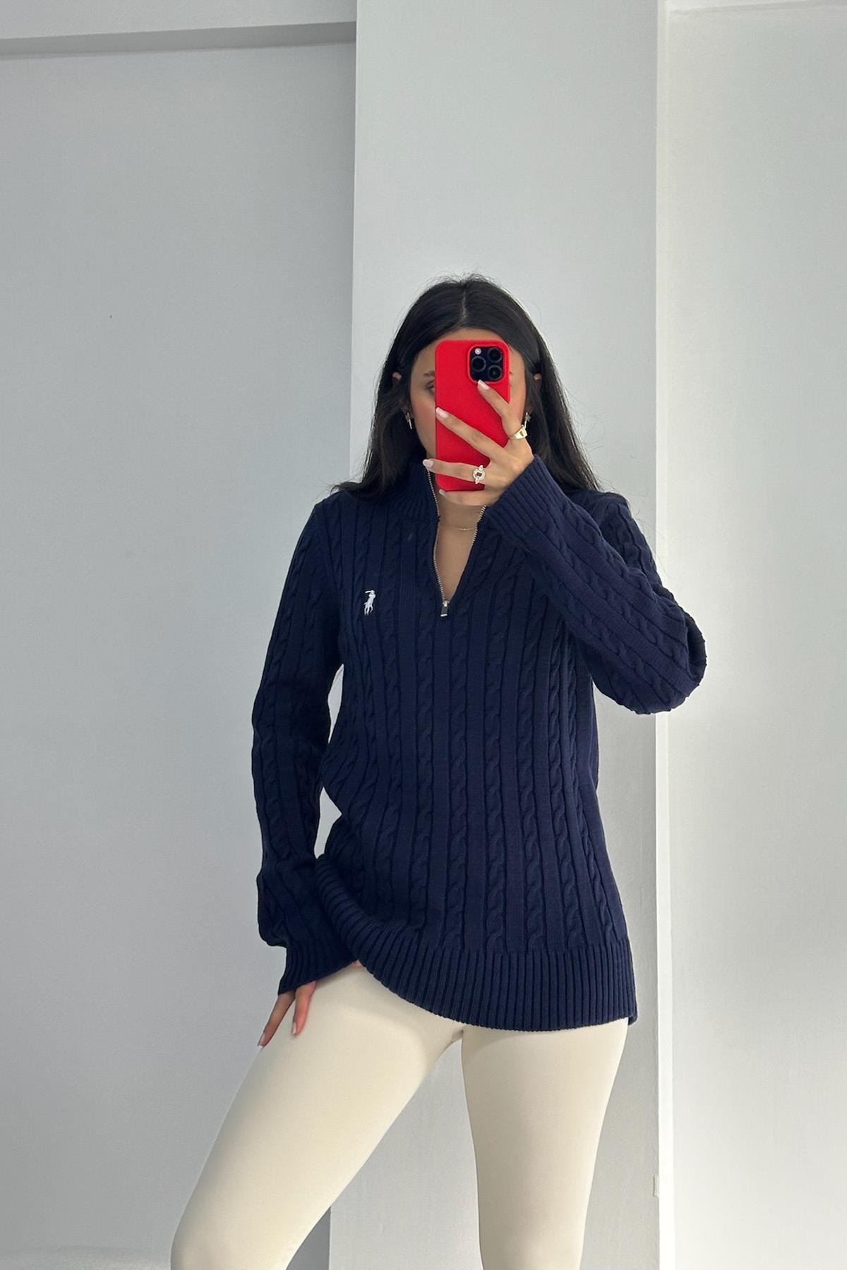 Saç Örgü Yarım Fermuarlı Lacivert Kazak