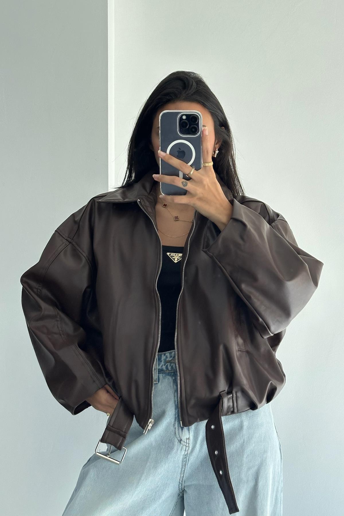 Kemerli Deri Kahverengi Bomber Ceket 