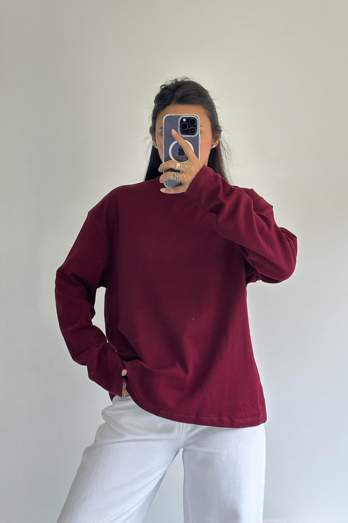 Bisiklet Yaka Uzun Kol Bordo Tshirt