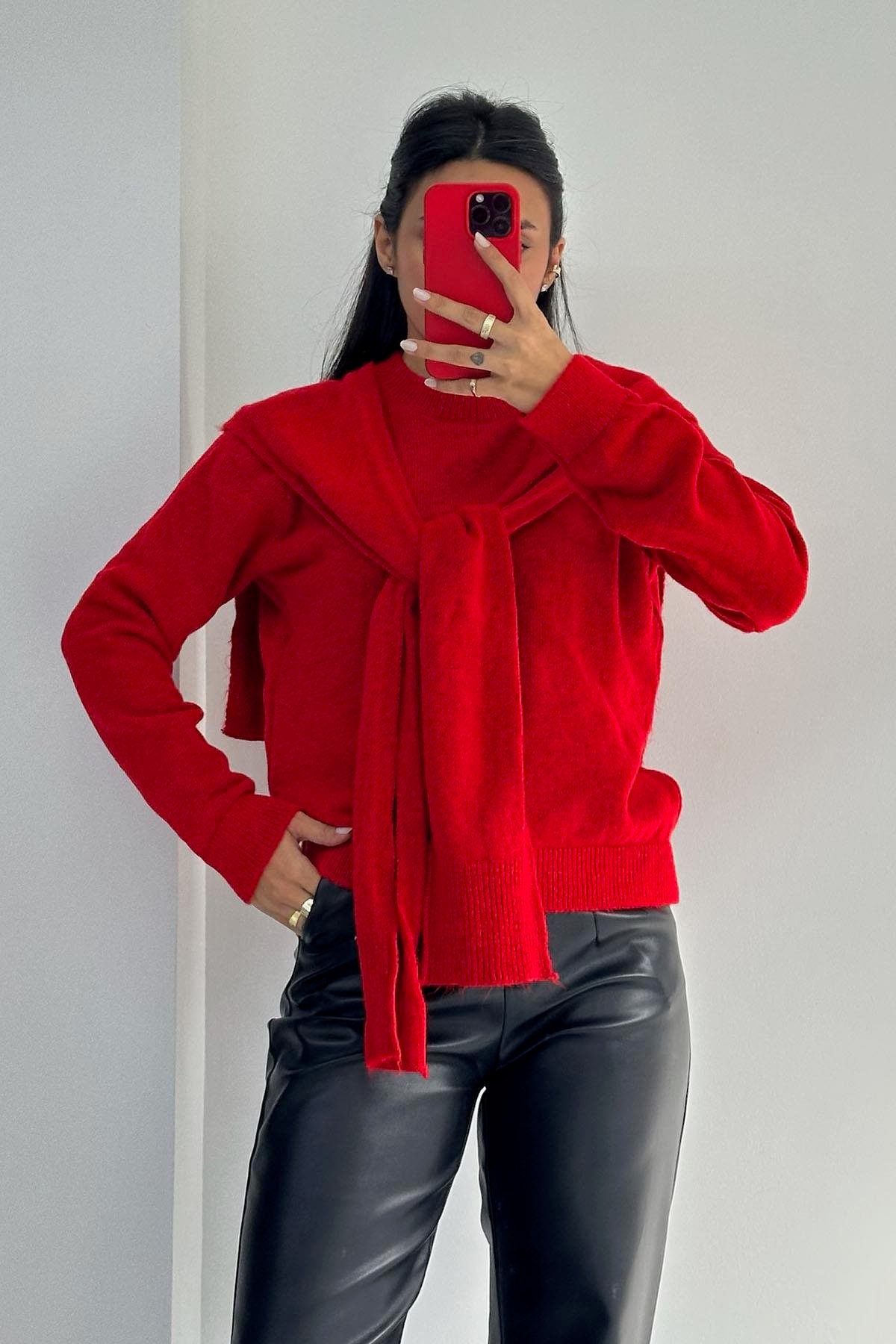 Bağlamalı Triko Kırmızı Kazak