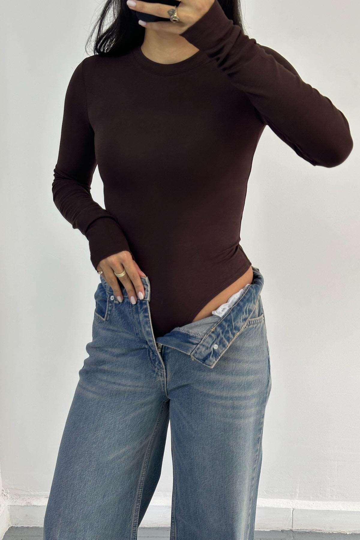 Kahve Uzun Kol Bodysuit