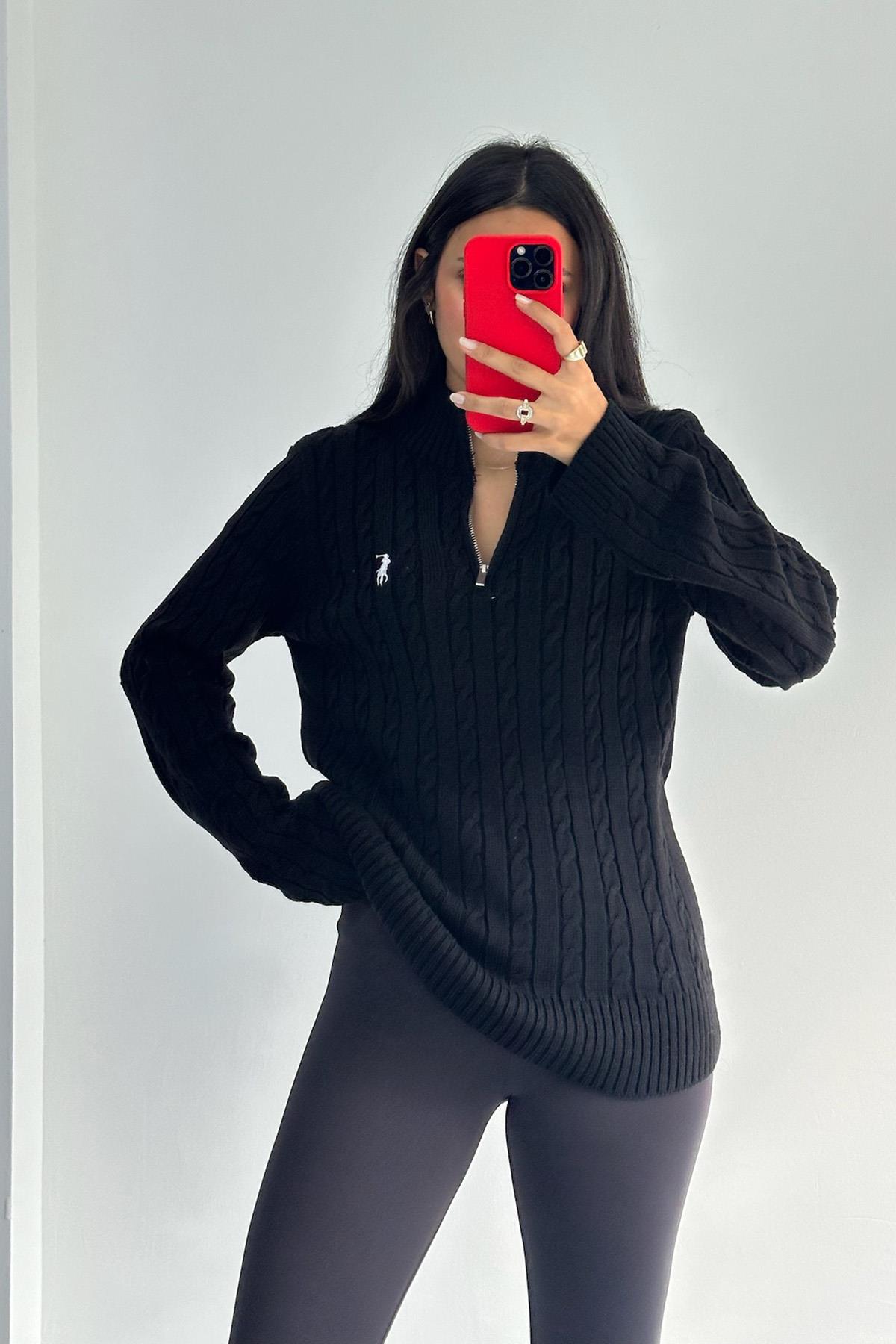 Saç Örgü Yarım Fermuarlı Siyah Kazak