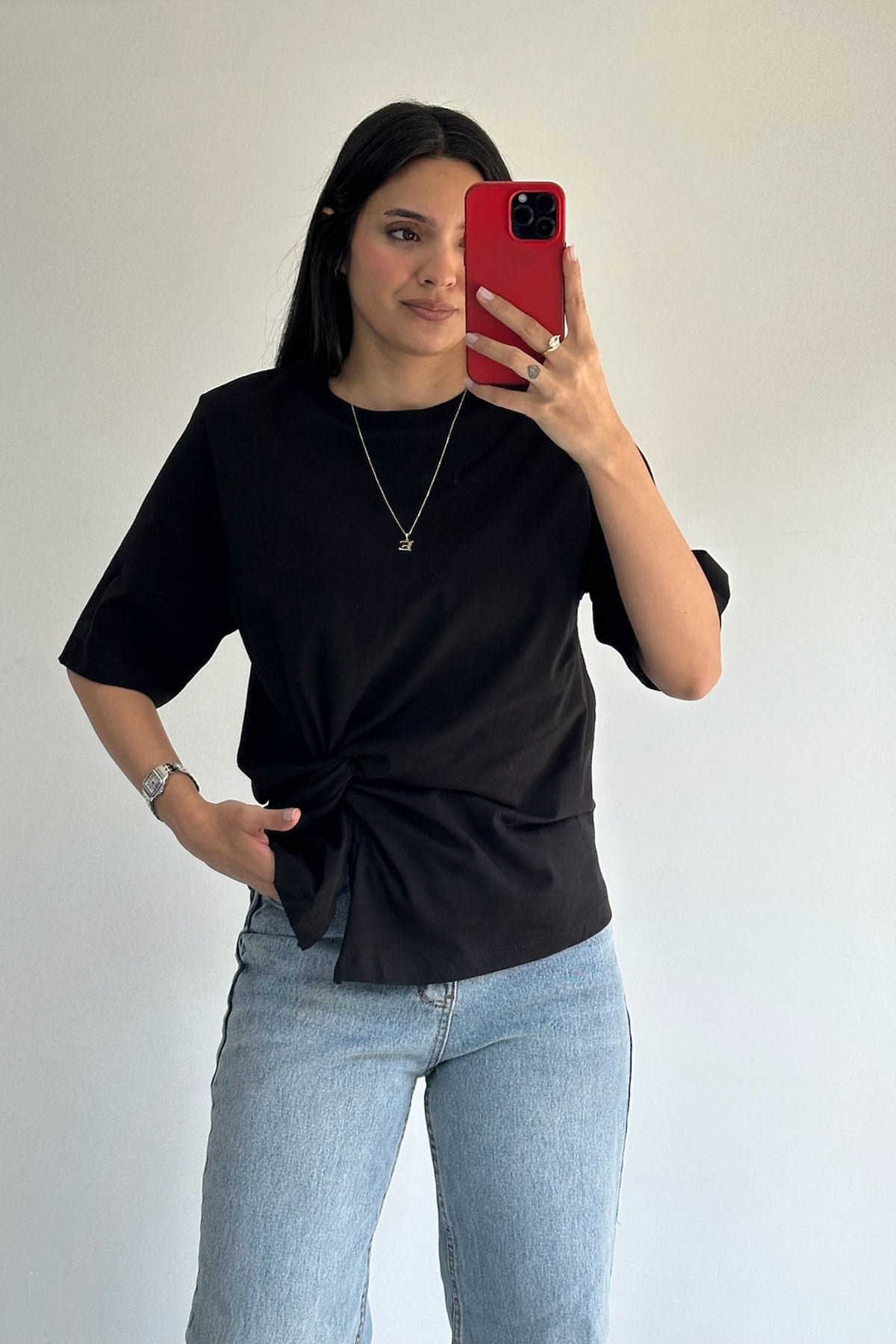 Vatkalı Büzgülü Siyah Tshirt