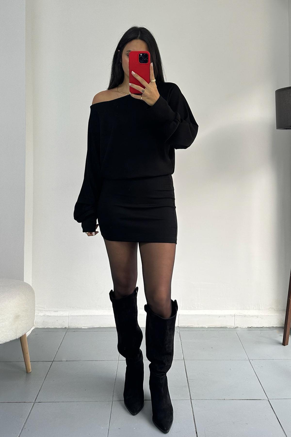 Kayık Yaka Modal Siyah Elbise