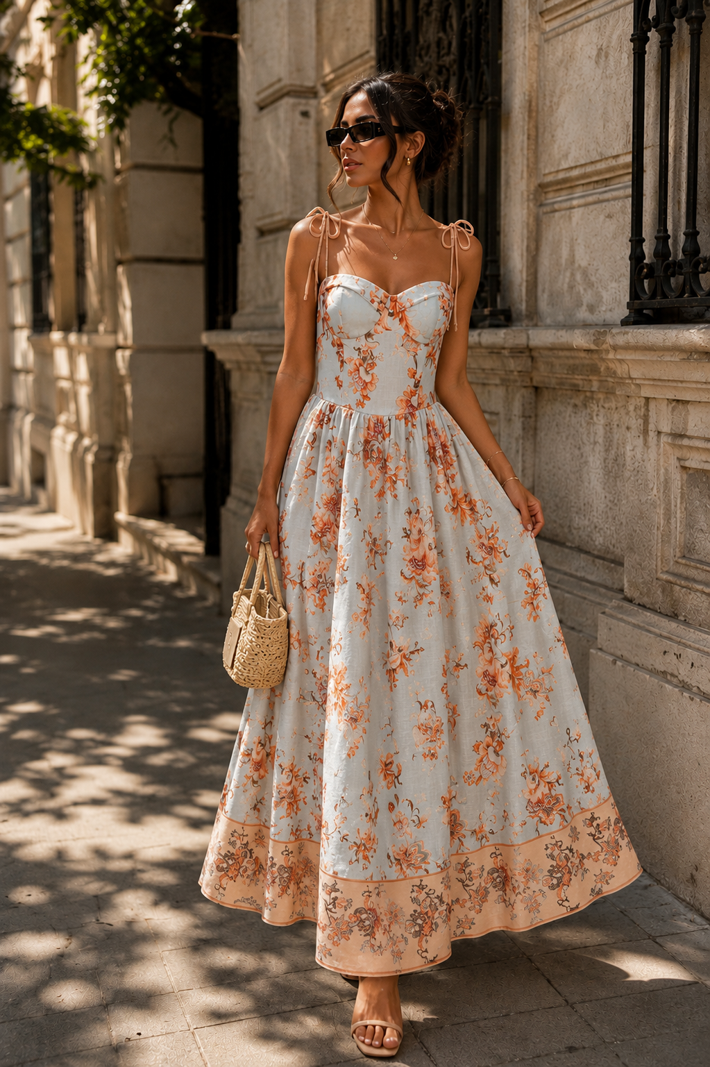 Vintage Floral Keten Maxi Elbise – Turuncu Çiçek Desenli