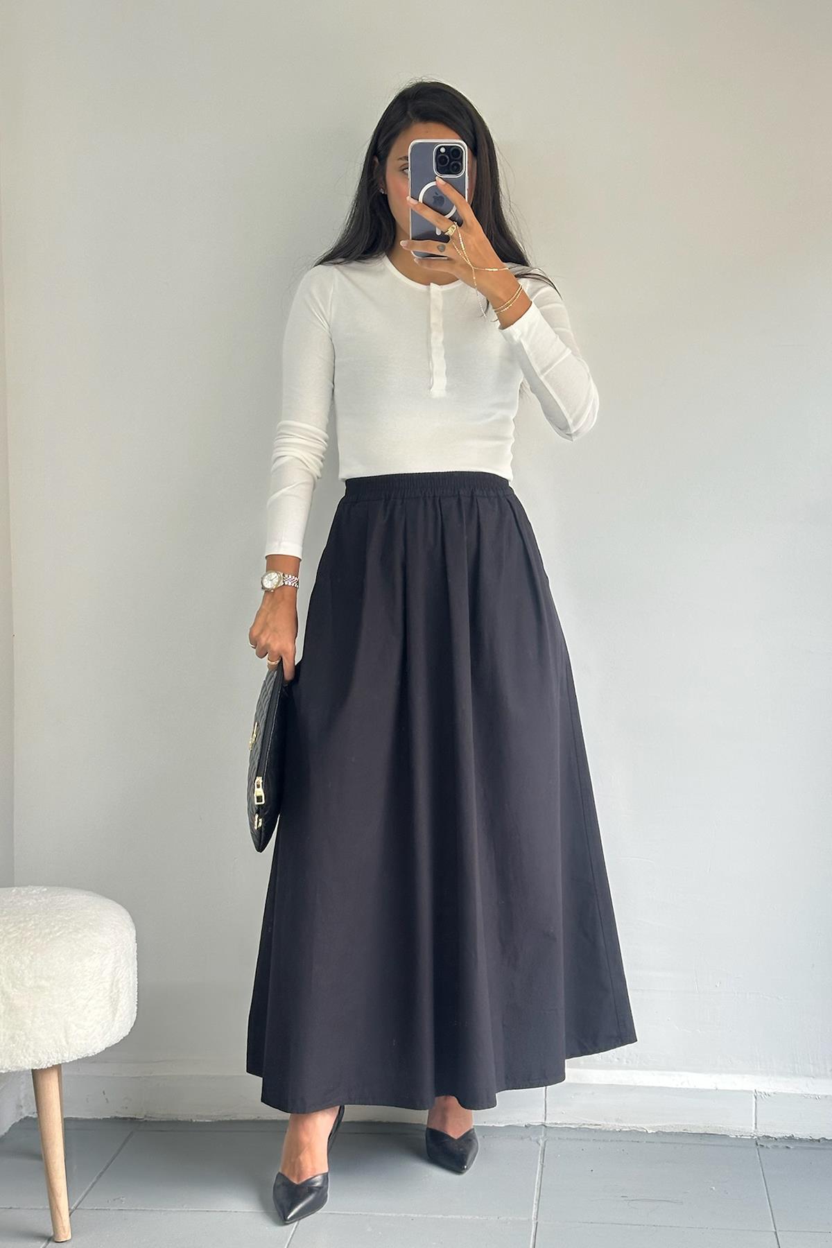 Bol Kesim Siyah Midi Etek