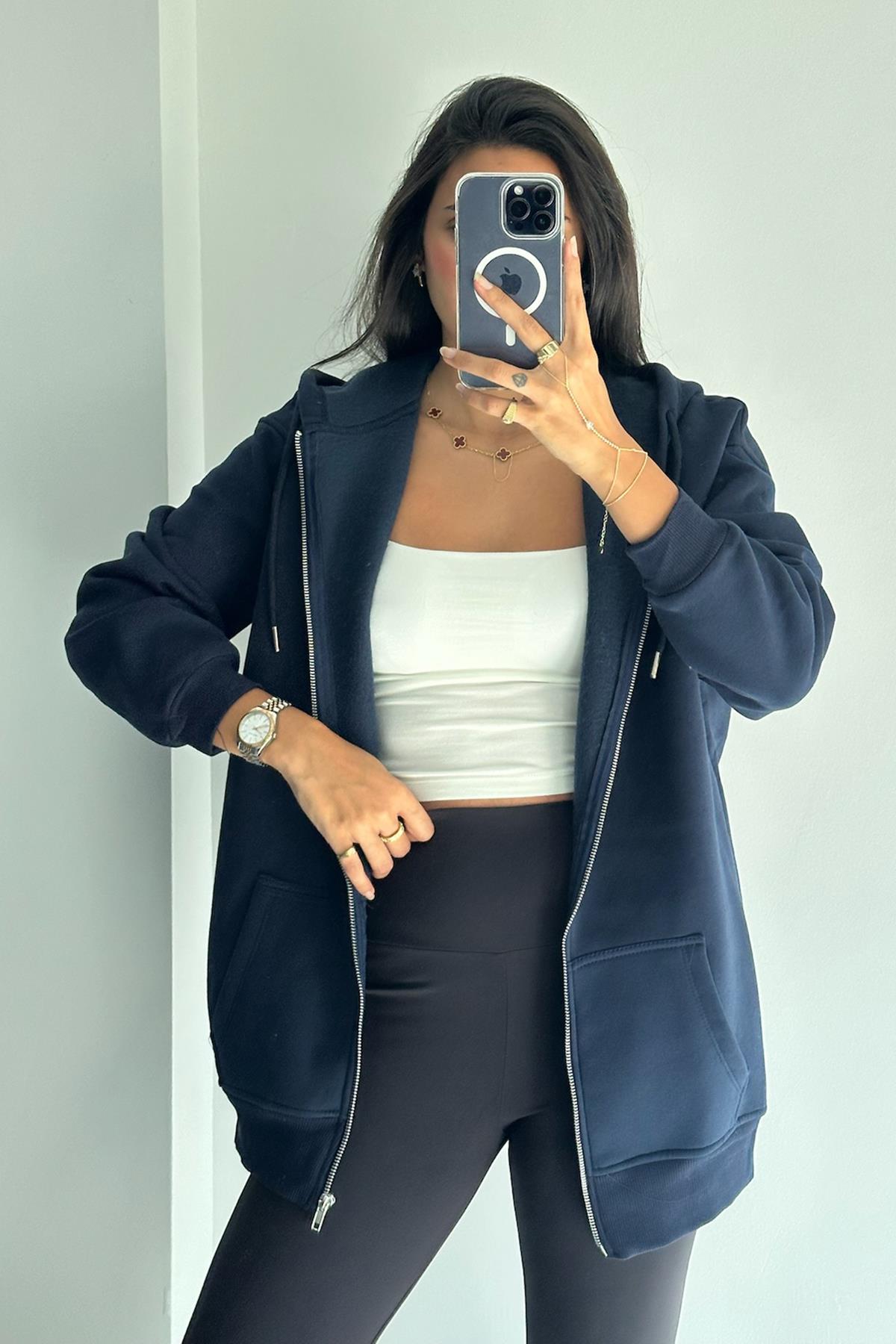 Oversize Fermuarlı Lacivert Sweatshirt 