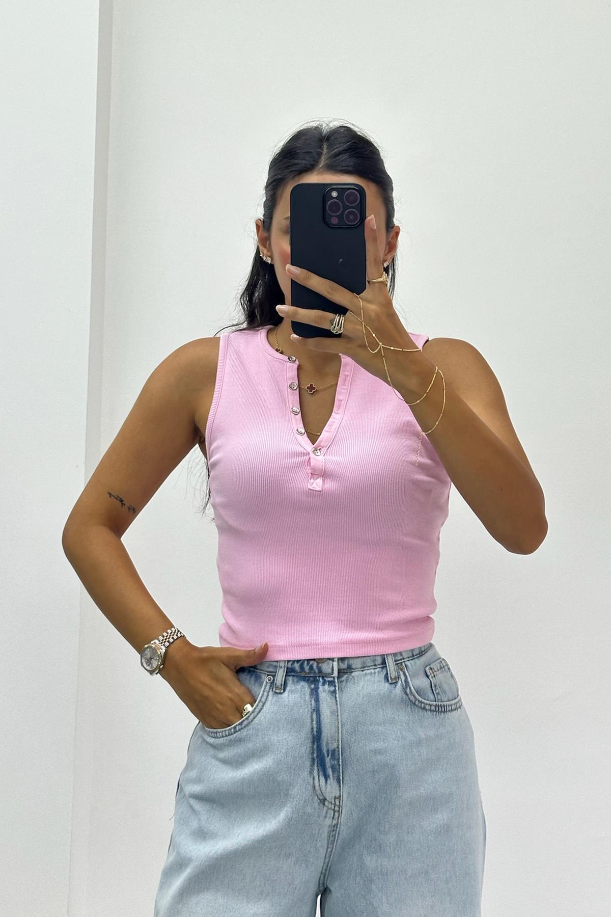 Yıkama Efektli Pembe Crop Top