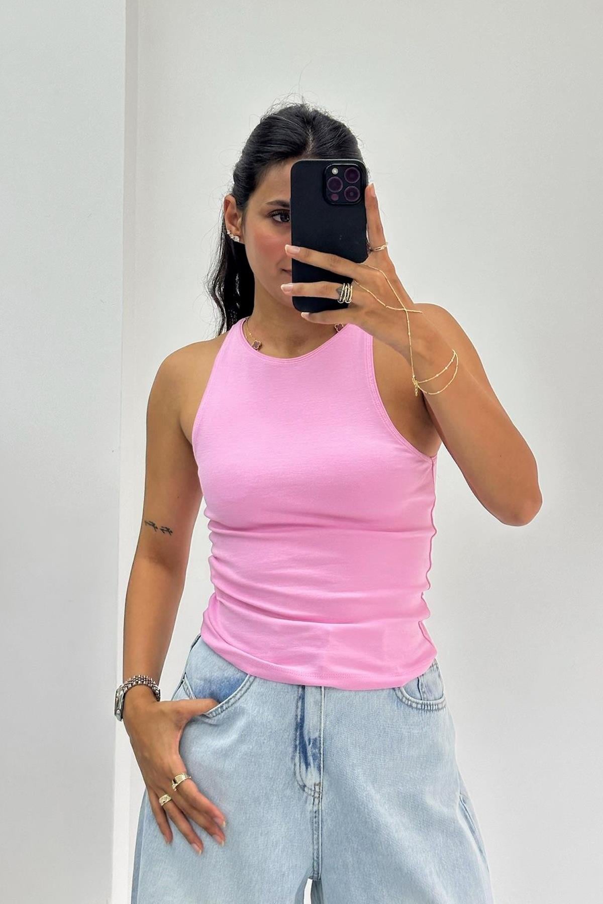 Halter Yaka Pembe Tshirt