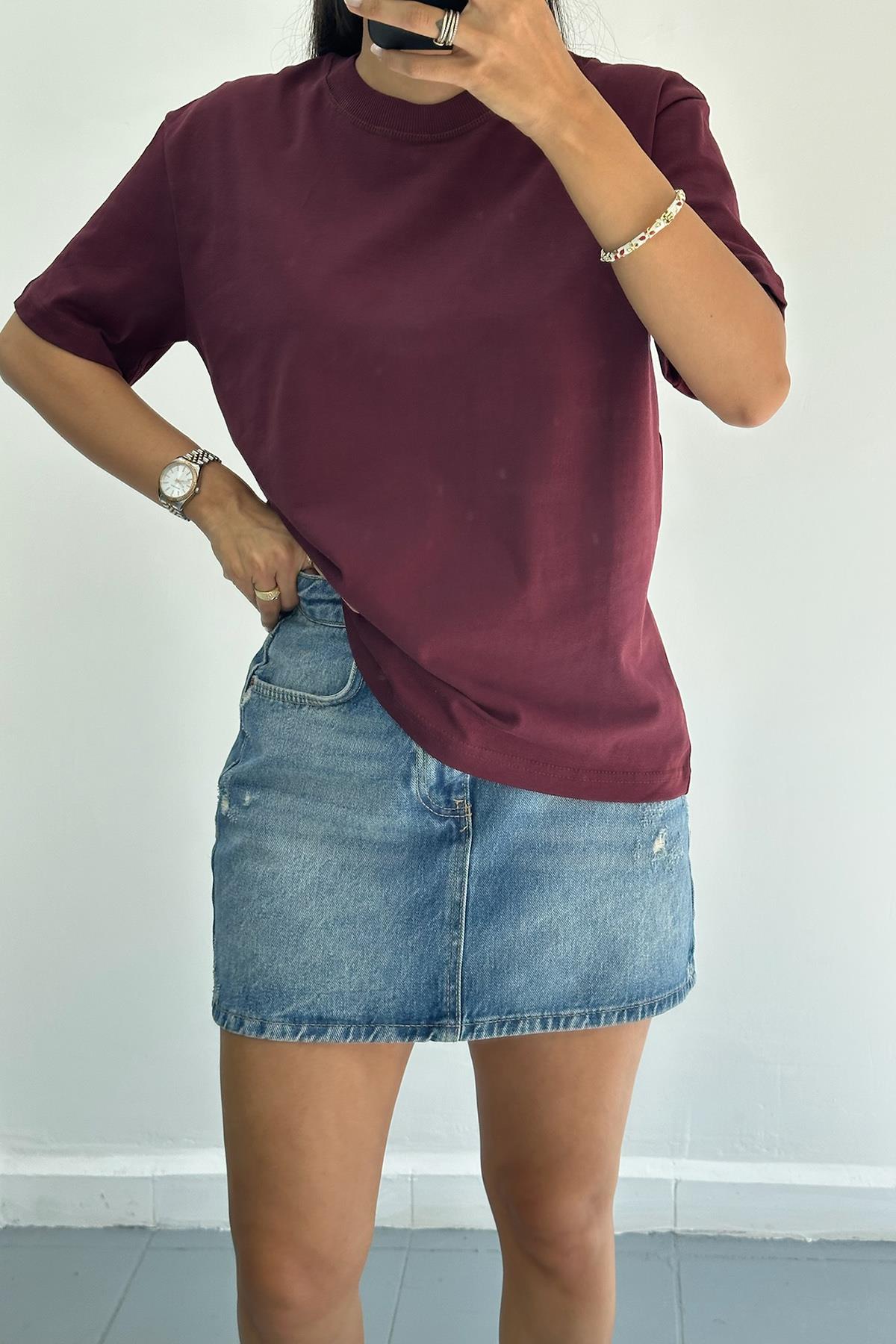 Kalın Yaka Basic Bordo Tshirt
